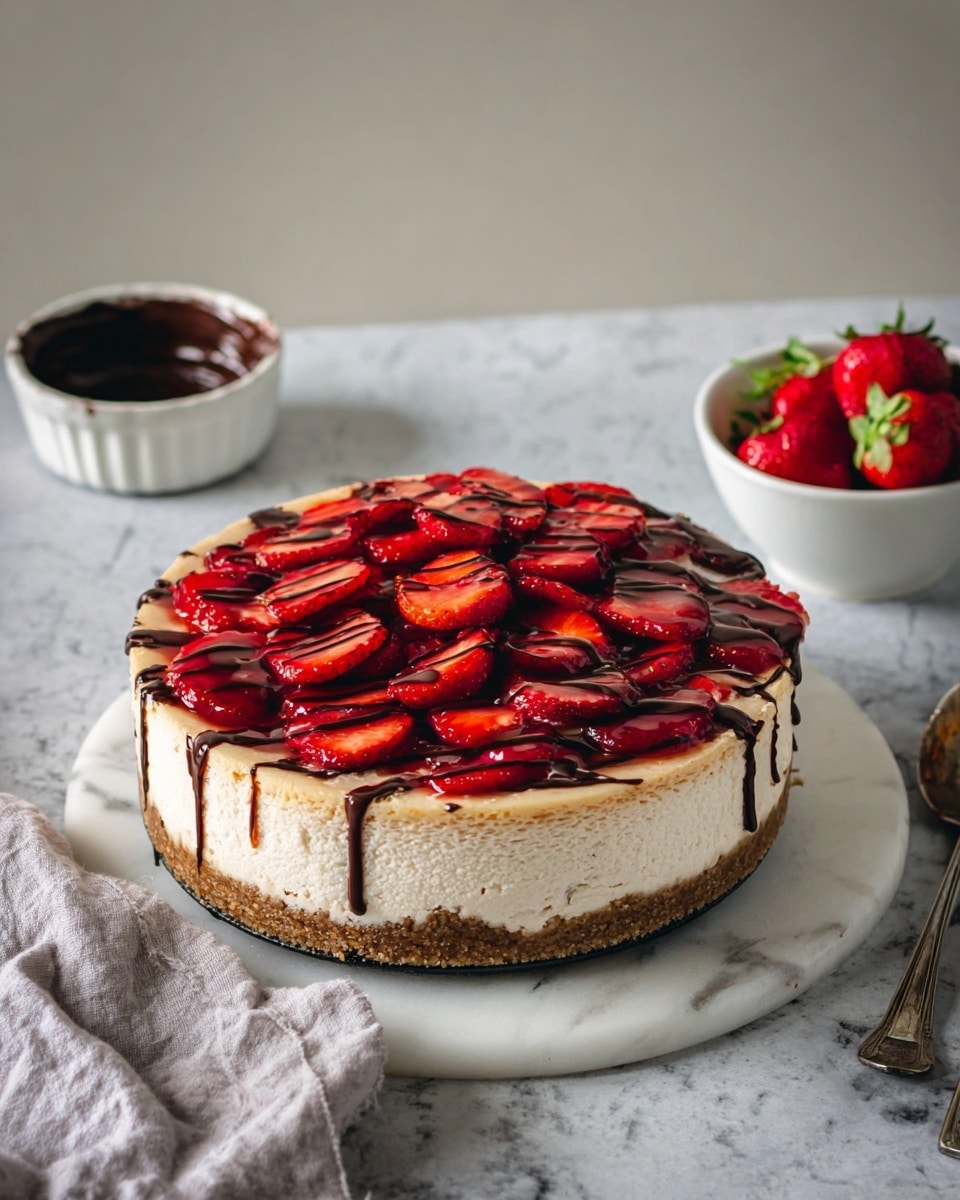 A round cheesecake is shown with three visible layers: a thick, crumbly brown base at the bottom, a creamy beige middle layer, and a white creamy top layer. The top is covered with thin, bright red strawberry slices arranged neatly across the surface. Dark chocolate sauce is drizzled in uneven stripes over the strawberries. The cake sits on a white marbled surface, with a light gray cloth loosely placed beside it. In the background on the left is a white bowl filled with dark chocolate and a spoon inside it. On the right side, there is a white bowl holding extra strawberry slices with a spoon resting on the edge. The photo is taken with an iphone --ar 4:5 --v 7