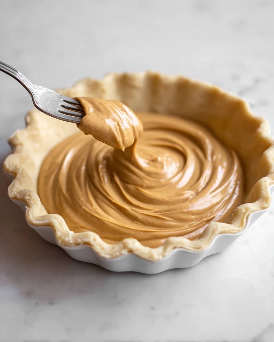 A close-up of a white pie dish filled with a pale, untreated dough crust that has a scalloped edge, sitting on a white marbled surface. Inside the crust, there is a thick, smooth light brown creamy filling being lifted and swirled by a silver fork held above the filling. The filling has a glossy texture and is shaped in soft, round swirls in the center of the crust. The overall scene is bright and clean. photo taken with an iphone --ar 4:5 --v 7