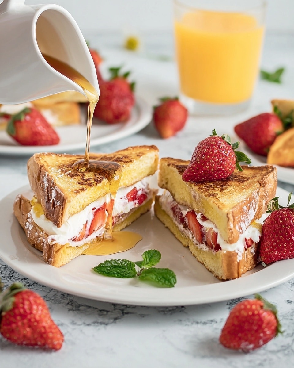 In the image, there is a white plate with two triangular sandwich pieces. Each sandwich has three layers: the top and bottom layers are golden brown toasted bread with a slightly shiny and textured surface, while the middle layer is filled with white cream and bright red sliced strawberries. A mint leaf is placed near the sandwiches on the plate. A white pitcher is pouring golden syrup onto the sandwich on the left. Around the plate, there are scattered fresh whole strawberries and a glass of orange juice in the background. The scene is set on a white marbled surface. photo taken with an iphone --ar 4:5 --v 7