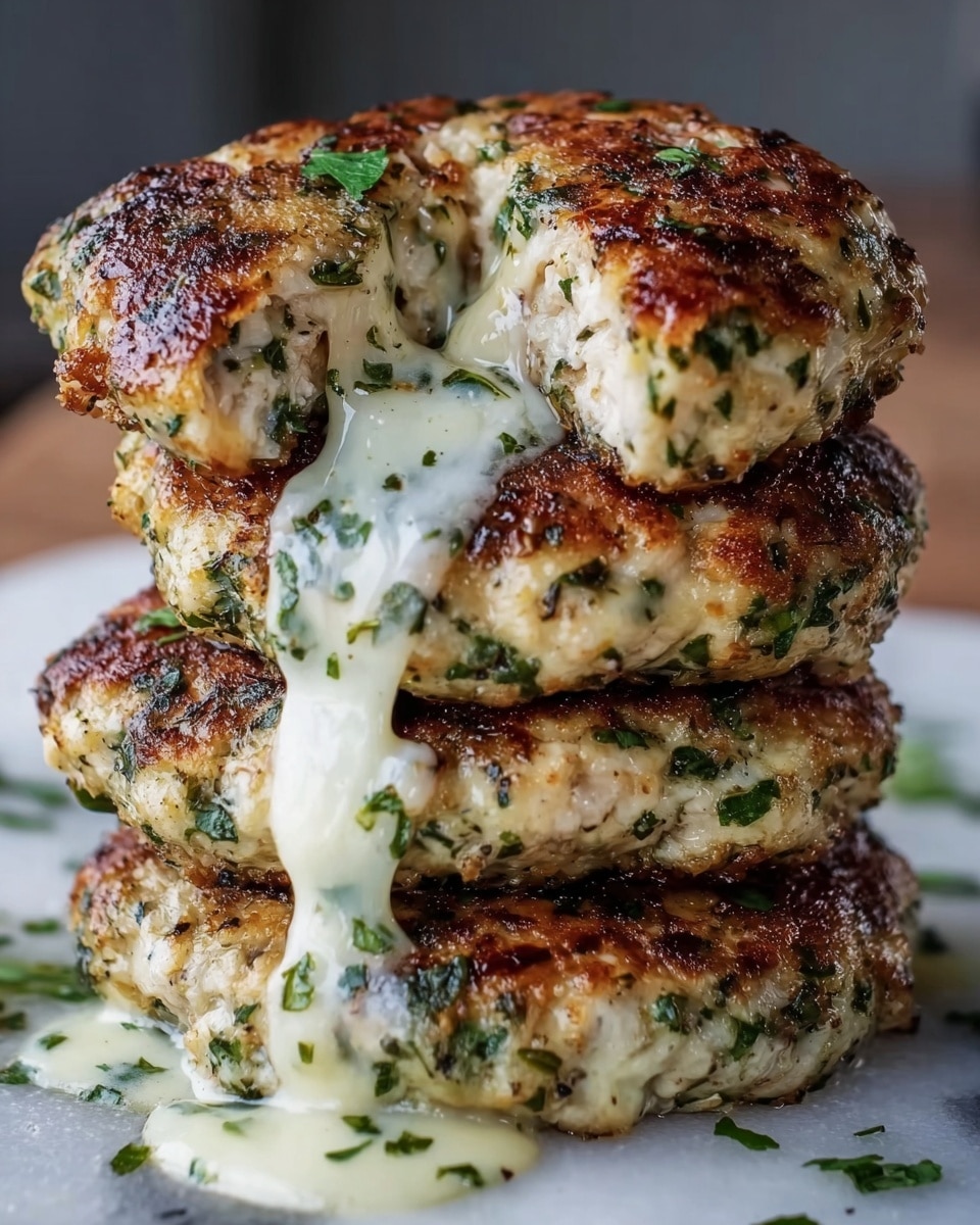 A stack of five round patties on a white marbled surface, each patty has a golden-brown crust with visible green herb bits throughout. The top patty is split open, showing melted white cheese that stretches and drips down the sides in thick strings mixed with small bits of herbs. The patties have a moist, slightly textured interior visible inside the open one. The edges are crisp and the herbs are spread evenly on the surface of all patties. photo taken with an iphone --ar 4:5 --v 7