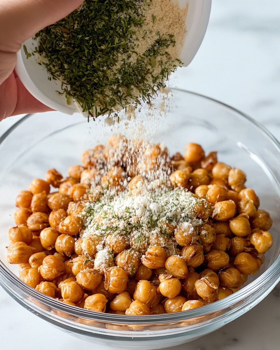 A clear glass bowl is filled with golden brown roasted chickpeas that have a shiny, slightly cracked texture on their skin. Above the bowl, a woman's hand is holding a white bowl tilted, sprinkling a mix of green herbs and pale beige powder seasoning evenly over the chickpeas. The herb mixture looks finely chopped and fresh, falling softly like a light dusting on top of the chickpeas. The scene is set on a white marbled surface. photo taken with an iphone --ar 4:5 --v 7