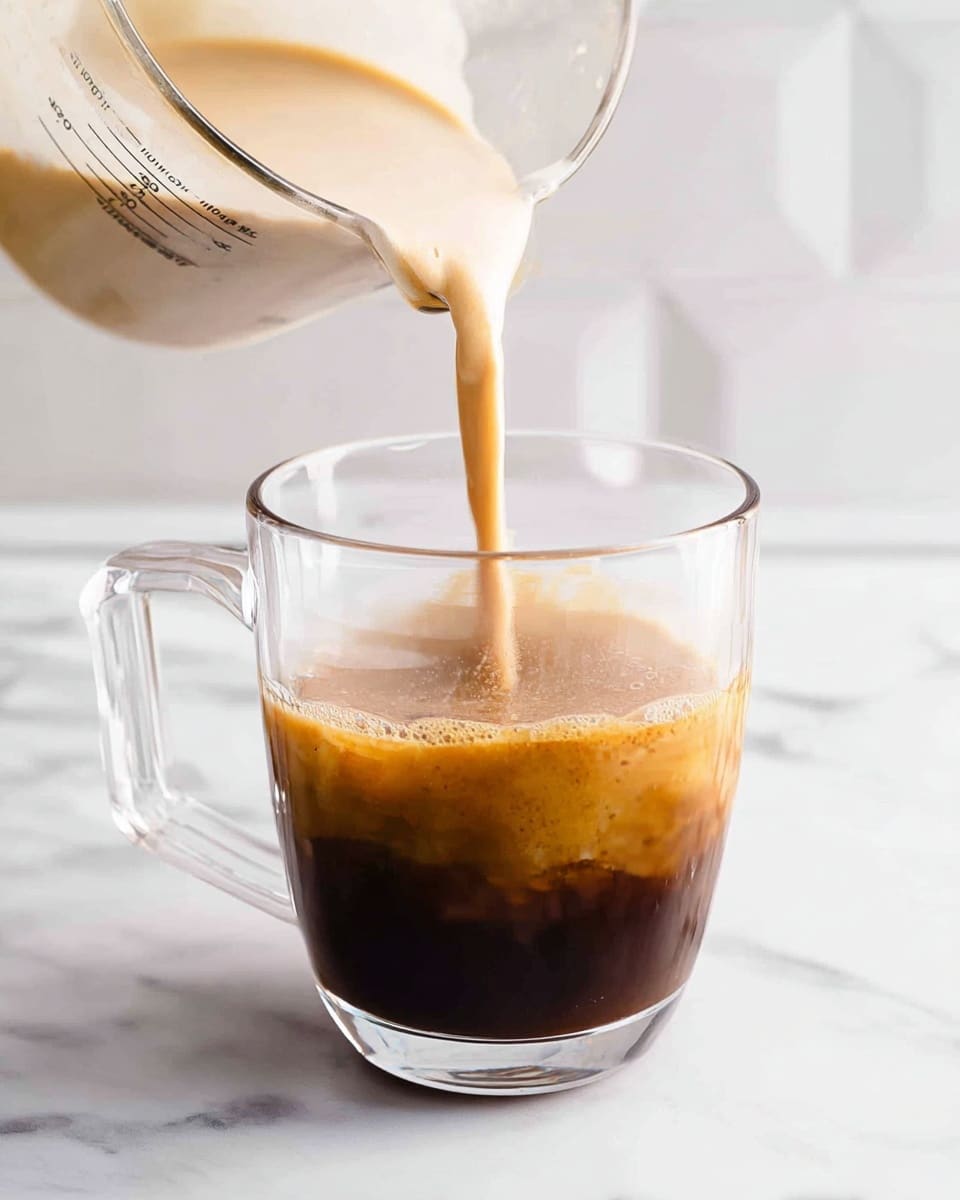 A clear glass cup sits on a white marbled surface filled halfway with dark brown coffee, showing a smooth texture and slight bubbles on top. A glass measuring cup is seen pouring a light beige creamy liquid into the coffee, swirling softly and mixing with darker colors below, creating a light gradient effect from dark brown at the bottom to lighter tones near the top. The background is softly blurred white tiles, keeping the focus on the coffee and cream pouring action. Photo taken with an iphone --ar 4:5 --v 7