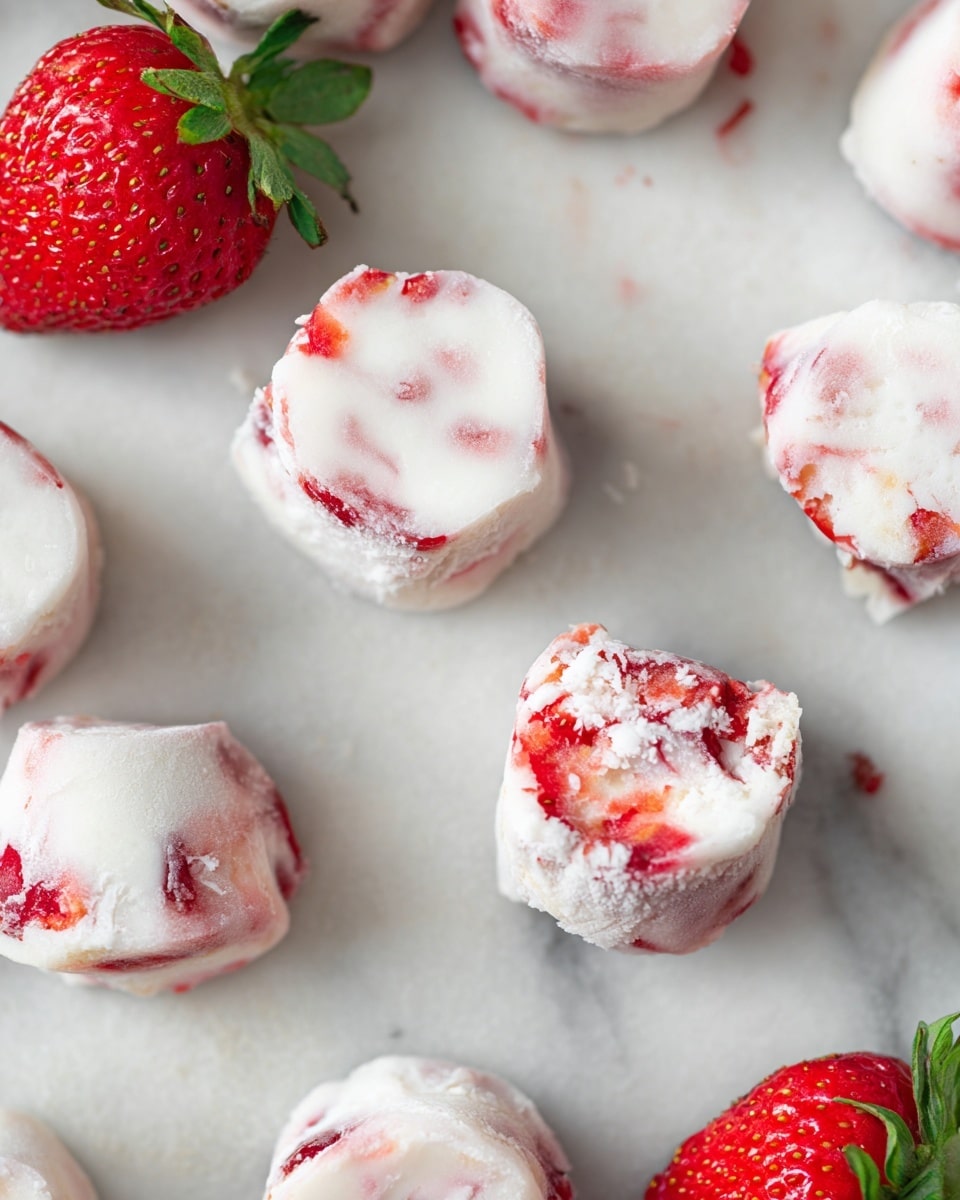 The image shows small white frozen treats scattered on a white marbled surface. Each treat has a rough texture with visible bits of bright red strawberries mixed inside, giving a marbled look of white and pinkish-red. Two fresh, whole strawberries with green leaves are placed near the frozen treats, adding a fresh and vibrant contrast to the scene. The treats look smooth but with some natural frost patterns on top. photo taken with an iphone --ar 4:5 --v 7