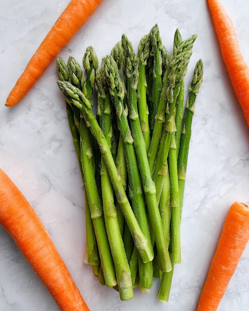 A group of fresh, bright green asparagus stalks are arranged in a loose bundle at the center of a white marbled surface. The asparagus spears are crisp with visible details on the tips and slightly frosty texture. Surrounding the asparagus, there are four whole vibrant orange carrots placed diagonally at each corner, creating a natural frame. The colors contrast nicely against the smooth white marbled background, highlighting the fresh vegetables. photo taken with an iphone --ar 4:5 --v 7