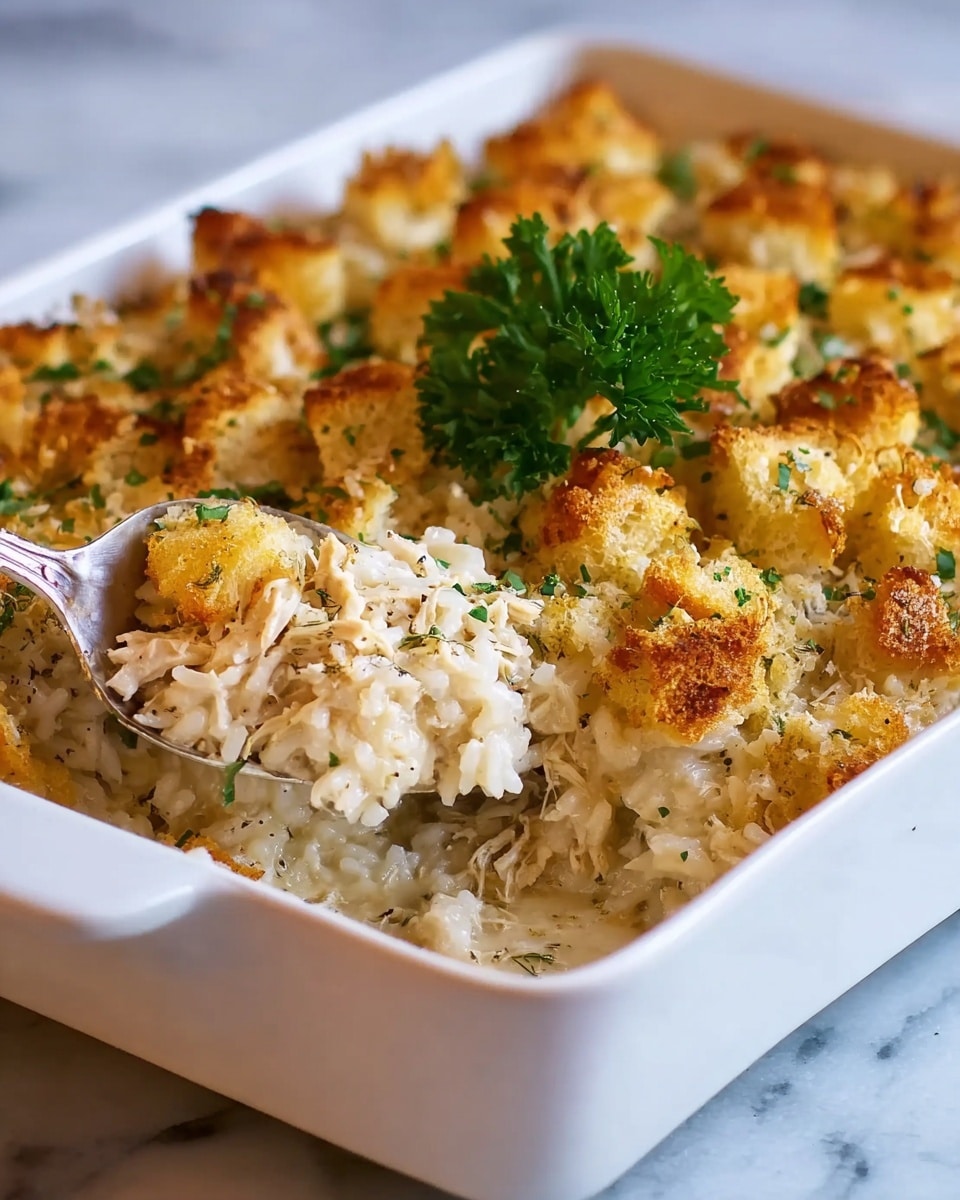 A white rectangular baking dish filled with a creamy casserole that has three main layers: the bottom layer is soft, white rice mixed with shredded white chicken pieces, the middle layer is a light sauce that makes everything moist, and the top layer consists of golden-brown toasted bread cubes mixed with small bits of green herbs, with a garnish of fresh curly parsley placed slightly off-center. A silver spoon is inserted into the dish on the left side, scooping a portion to show the soft texture inside. The dish sits on a white marbled surface. photo taken with an iphone --ar 4:5 --v 7