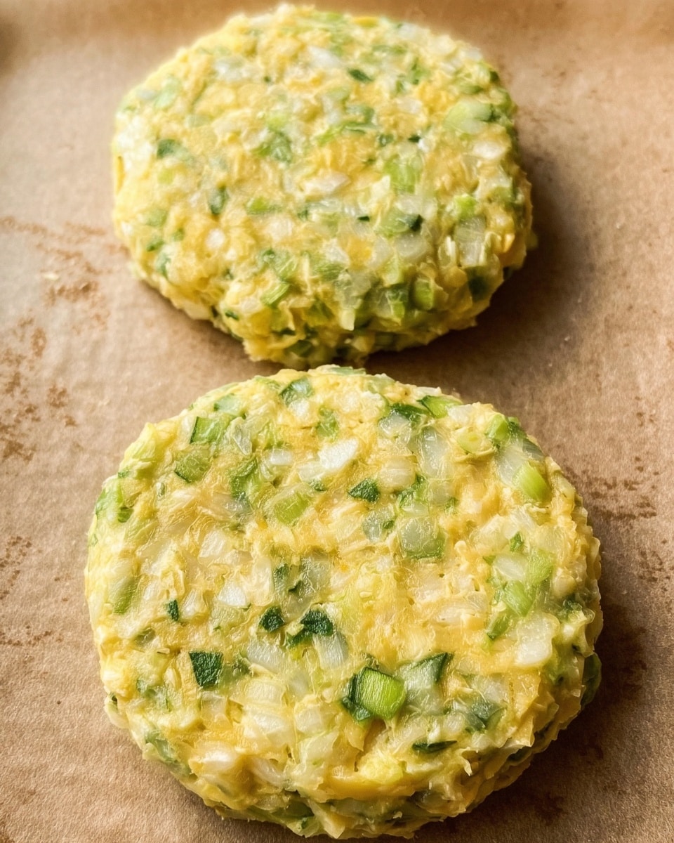 Two uncooked patties made of finely chopped white and green ingredients with a soft and slightly shiny texture, placed on a baking sheet. The patties are round, thick, and have a mixed pattern of pale yellow-orange and light green pieces throughout, giving a fresh and chunky look. The surface beneath them is a light brownish color with a subtle texture. Photo taken with an iphone --ar 4:5 --v 7