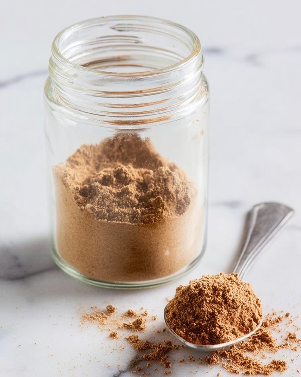 A clear glass jar filled with a light brown powder that looks smooth and fine, sitting on a white marbled surface. Next to the jar is a silver spoon with some of the same brown powder both on it and spilled beside it on the surface. The background is plain and white, making the jar and spoon stand out clearly. photo taken with an iphone --ar 4:5 --v 7