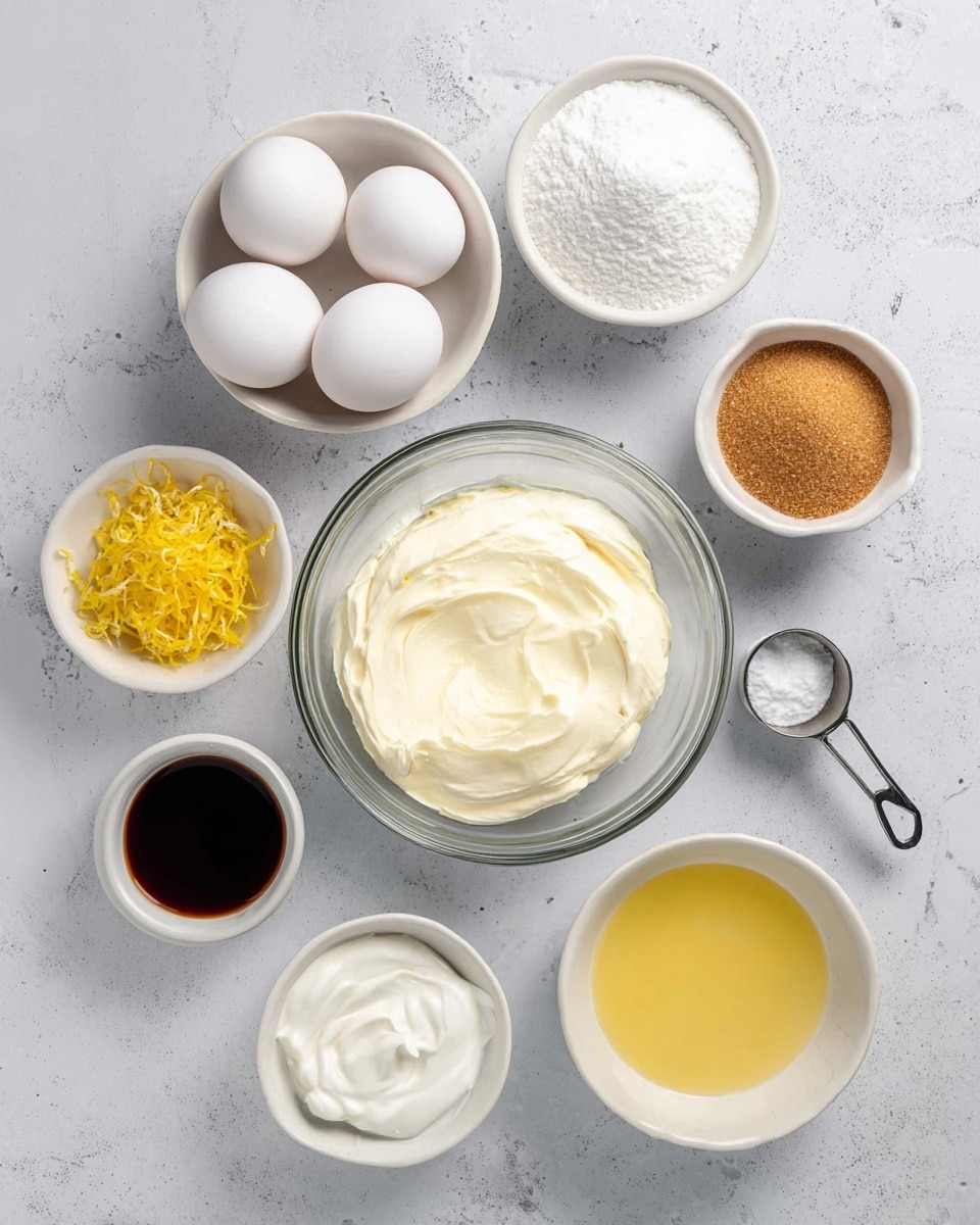 Top view of baking ingredients neatly arranged on a white marbled surface. The bottom center shows a clear glass bowl filled with smooth, white cream cheese. Surrounding it are four white eggs clustered to the left, next to a small white bowl with bright yellow lemon zest. Above the eggs, a medium white bowl contains white granulated sugar, and beside it to the right, a metal measuring cup holds light brown sugar. To the right of the eggs is a white bowl with melted yellow butter. Above the butter is a small white bowl of baking powder. Below the lemon zest is a tiny white bowl filled with dark vanilla extract, and next to the eggs is a small white bowl holding white sour cream. The whole setup is clean and minimal, arranged in a visually balanced composition. Photo taken with an iphone --ar 4:5 --v 7