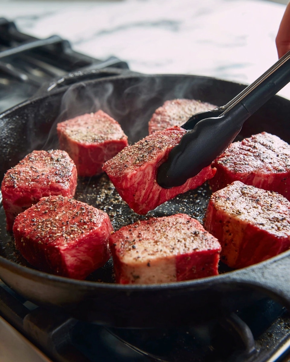A close-up image shows seven thick, rectangular pieces of red meat with a pinkish fat layer on top, arranged in a circle inside a black cast iron pan. The meat pieces are seasoned with coarse black pepper and salt, and one piece in the center is being flipped with black tongs by a woman's hand. The meat has a seared brown crust on the side facing the tongs, while the rest remain raw and red. Light steam rises from the pan, and the setting is a stove with a white marbled surface in the background. Photo taken with an iphone --ar 4:5 --v 7