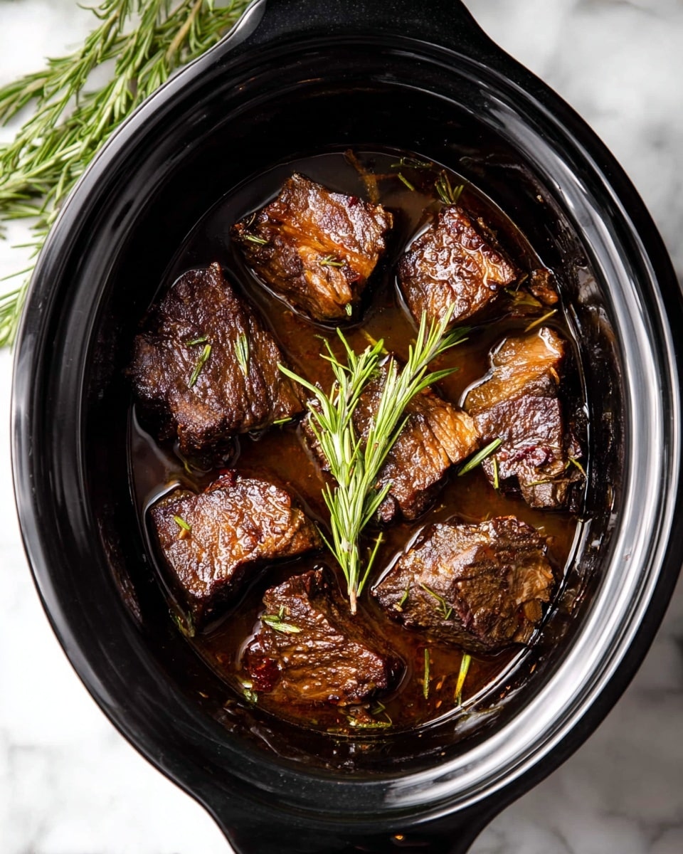 The image shows a black slow cooker filled with eight large pieces of browned meat that have a rich, dark brown crust and some visible fat. The meat pieces sit in a shallow layer of dark brown broth with small thin green herb stems mixed in. On top of the meat is a fresh green rosemary sprig placed in the center. The slow cooker is on a white marbled surface with some fresh rosemary branches partially visible at the top left. Photo taken with an iphone --ar 4:5 --v 7