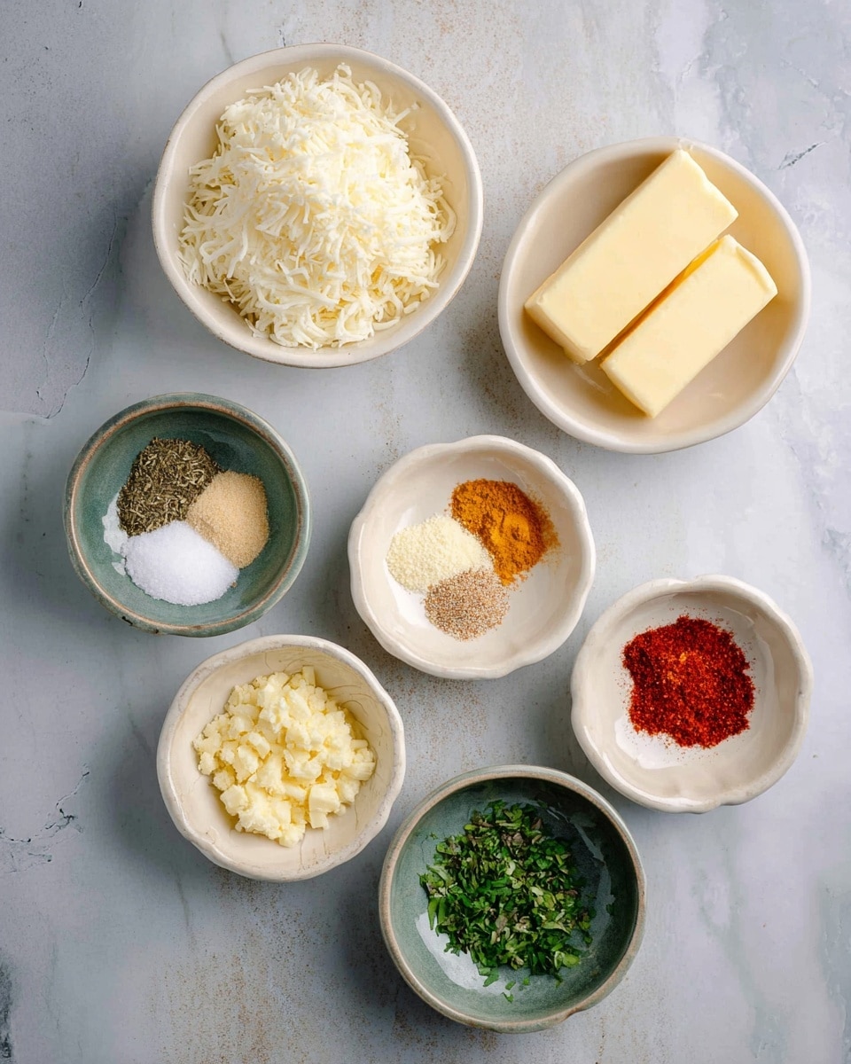 The image shows six small white bowls on a white marbled surface. On the top right, a bowl holds three pale yellow butter sticks with soft, smooth texture. Below it, a bowl is filled with finely shredded white cheese, fluffy in texture. To the right of the cheese, a bowl contains five different spices separated in small piles, with colors of deep red, bright orange, pale yellow, and beige. On the bottom left, a bowl has three small piles of salt, dried green herbs, and light brown powder. To the right, two small bowls display minced light yellow garlic and finely chopped green herbs, both with a rough texture. photo taken with an iphone --ar 4:5 --v 7