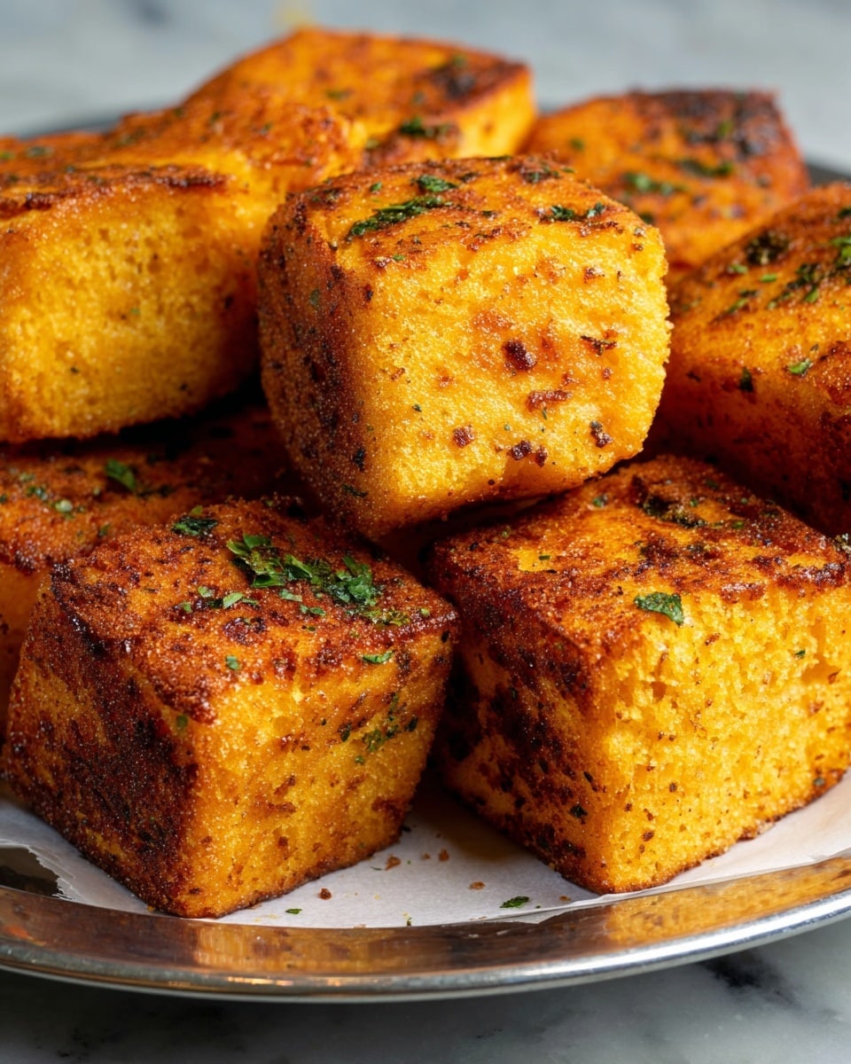 The image shows several golden brown, square-shaped fried cornbread pieces arranged closely on a shiny metal tray lined with white paper. Each piece has a crispy, textured surface with small green herb flakes sprinkled on top, giving a speckled appearance. The cornbread cubes have a rough crust with an even darker browning on the edges and a soft, dense interior visible in some pieces. The background is a white marbled texture, making the warm tones of the cornbread stand out. Photo taken with an iphone --ar 4:5 --v 7