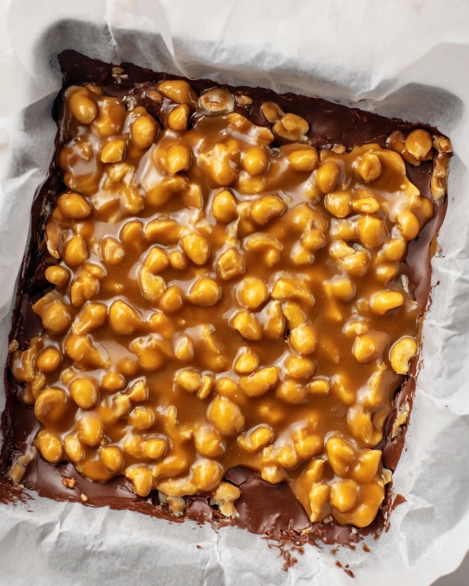 The image shows a square dessert with two visible layers placed on a white marbled surface. The bottom layer is dark brown, smooth, and glossy, likely a chocolate base, filling the entire square. The top layer is a thick, shiny caramel sauce filled with whole, light yellow peanuts, spread unevenly over the chocolate base. The dessert is lined with white parchment paper that folds over the edges in some parts. Photo taken with an iphone --ar 4:5 --v 7