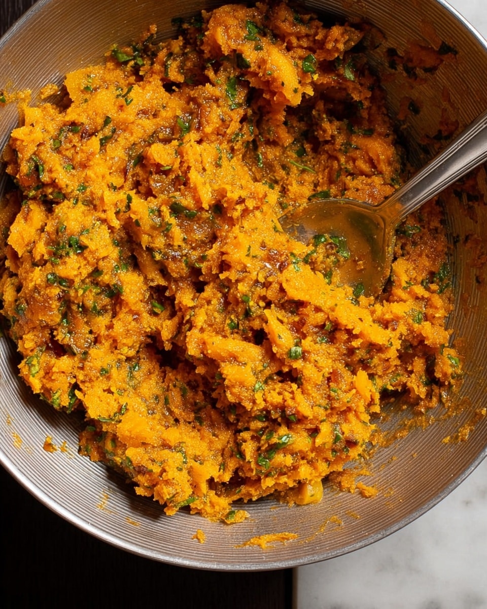 A close-up view of a silver metal bowl filled with a thick, chunky orange mixture with green herbs speckled throughout. The texture is coarse with some uneven chunks and small bits, showing a mix of soft and slightly firm pieces. A silver spoon is partially submerged on the right side, slightly lifting some of the mixture, which looks moist and richly spiced. The bowl sits on a white marbled surface. photo taken with an iphone --ar 4:5 --v 7