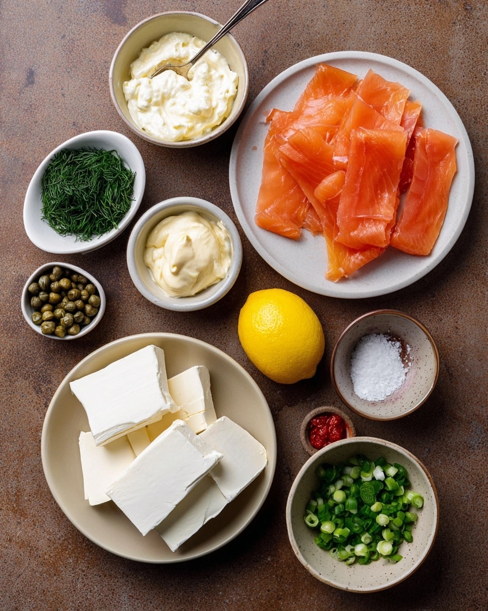 The image shows several small white bowls and plates with different ingredients arranged on a brown surface. On the top right, one white plate holds thin slices of light orange smoked salmon with soft, slightly wavy edges. Below it to the left, a larger white plate contains neatly cut rectangular pieces of white cream cheese with a smooth texture. To the top left, a white bowl is filled with creamy white mayonnaise with a spoon inside. Next to it is a small white bowl of finely chopped green dill. In the middle, there is a yellow lemon placed between all the bowls. To the right of the lemon, a tiny speckled white dish has a small amount of red hot sauce. A bowl of green capers is on the right, above a small brown bowl of white coarse salt. At the bottom right, a white bowl holds chopped green onions. The ingredients are neatly spaced out on the brown textured surface. photo taken with an iphone --ar 4:5 --v 7