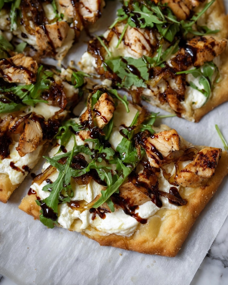 This image shows a flatbread pizza with three main layers. The bottom layer is a golden brown flatbread crust. On top of it, there is a thick layer of melted white cheese that looks creamy. Scattered over the cheese are pieces of browned grilled chicken with a slightly crispy outer skin. There are also dark brown caramelized onions and fresh green arugula leaves spread over the chicken. Finally, a dark glossy balsamic glaze is drizzled on top, adding shine to the pizza. The pizza rests on parchment paper with a white marbled surface underneath. Photo taken with an iphone --ar 4:5 --v 7