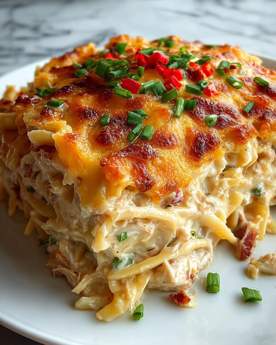 A close-up view of a thick layered casserole slice on a white plate with a white marbled background. The bottom layer consists of shredded light brown chicken mixed with creamy sauce and small bits of red pepper. Above this is a thick layer of melted yellow cheese mixed with more sauce and chicken, creating a rich, soft texture. The top layer is an evenly browned, slightly crispy layer of melted cheese with scattered small green onion pieces adding a fresh, bright contrast in color. The edges of the casserole reveal the layers clearly with some creamy sauce oozing slightly. Photo taken with an iphone --ar 4:5 --v 7