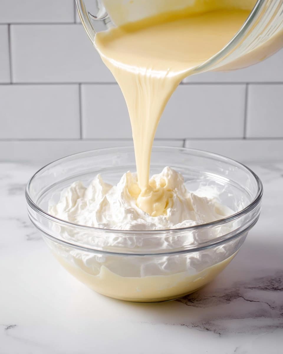 The image shows a clear glass bowl with a base layer of white whipped cream that looks light and fluffy, filling most of the bowl. A second layer of smooth, pale yellow batter with a creamy texture is being poured into the bowl from another glass container held just above it. The batter flows in a thick, steady stream creating a visible contrast with the white whipped cream below. The setting is a white marbled surface with a white tiled backsplash in the background. photo taken with an iphone --ar 4:5 --v 7