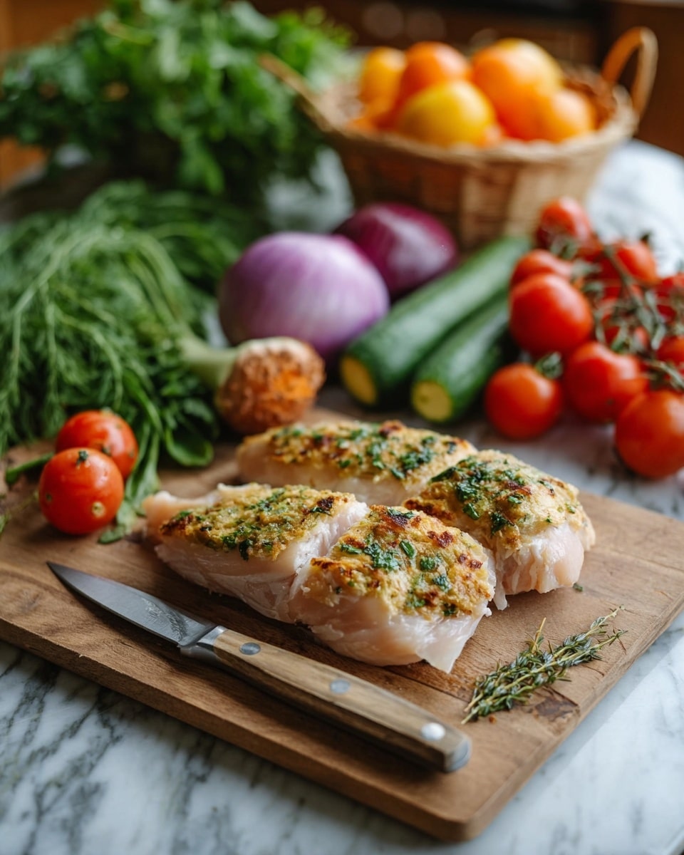 Two pieces of pale pink raw chicken topped with small light brown grilled bread slices sit on a wooden cutting board as the base. Behind the chicken, red cherry tomatoes on the vine, light green smaller cucumbers, a dark green cucumber, and a purple onion add vibrant colors. Fresh green herbs are scattered around, with a small knife with a wooden handle resting next to the chicken. The background shows a basket with orange tomatoes and some blurred green herbs on a white marbled surface. Photo taken with an iphone --ar 4:5 --v 7