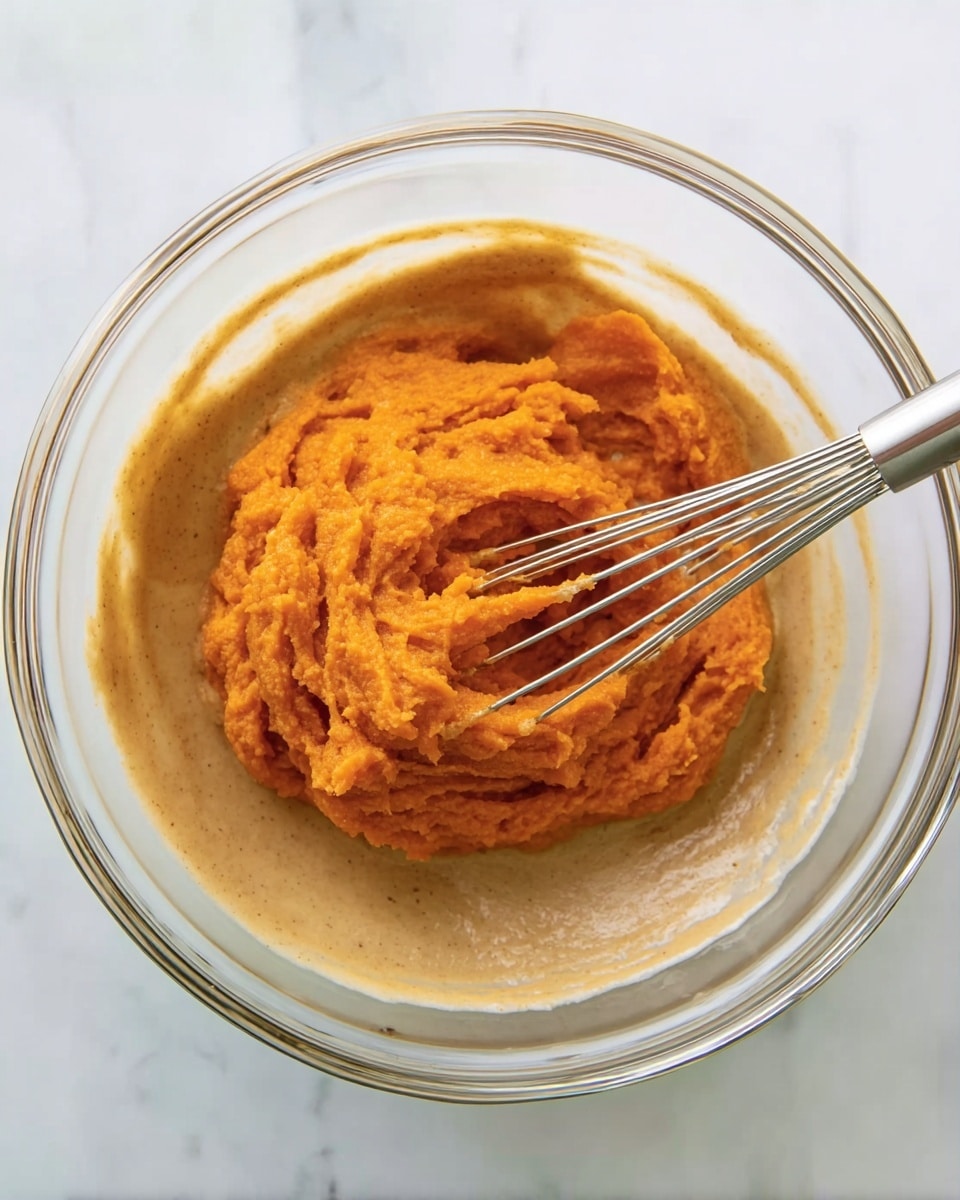A clear glass bowl with two layers inside is placed on a white marbled surface. The bottom layer is a smooth beige batter, thick but runny in texture. On top of it sits a mound of bright orange mashed sweet potato puree with a dense and slightly rough texture. A silver whisk is partially submerged in both layers, with its wires showing through the orange puree, ready to mix the two together. Photo taken with an iphone --ar 4:5 --v 7