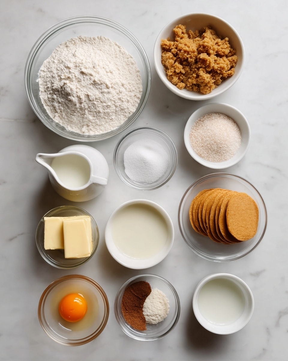 The image shows various ingredients neatly arranged on a white marbled surface. There are eleven small clear or white bowls and one small white jug. Starting from the top left, there is a large clear bowl filled with white flour, next to it a white bowl with light brown crumbly mixture. Below, smaller clear bowls hold white granular salt, white granulated sugar, and light brown powder. To the right in a clear bowl, flat, round orange-brown discs are stacked. Below, a white jug contains white milk; next to it, a clear bowl has a single bright orange egg yolk. In the bottom left corner, a white bowl holds a pale yellow block of butter. Center bottom has a white bowl with mixed brown and white powders, and lastly, a small white bowl contains a clear liquid. The items are evenly spaced forming a clean, organized layout. Photo taken with an iphone --ar 4:5 --v 7