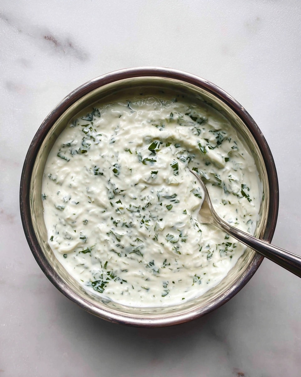 A metal bowl filled with thick white sauce mixed with small green herb pieces, giving it a textured, slightly bumpy look. A silver spoon is partially dipped into the sauce on the right side of the bowl. The bowl sits on a smooth white marbled surface, providing a simple and clean background. photo taken with an iphone --ar 4:5 --v 7