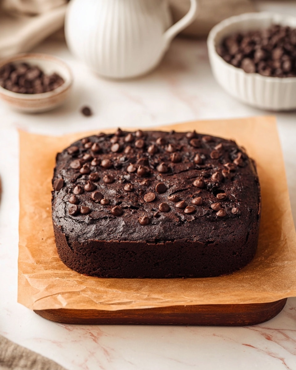 The image shows one thick dark brown chocolate cake with a slightly cracked top, covered with small smooth chocolate chips scattered evenly on the surface, sitting on a sheet of light brown parchment paper which is on a wooden board, all placed on a white marbled surface. In the blurred background, there is a white ceramic pitcher and a white bowl filled with chocolate chips. Photo taken with an iphone --ar 4:5 --v 7