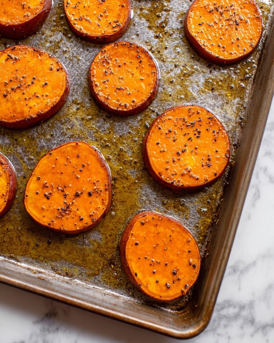 The image shows several slices of sweet potato arranged on a metal baking tray. Each slice is round, about half an inch thick, with a bright orange color that has a slightly shiny texture due to oil or glaze coating them. The edges of the slices have a darker tone, and they are sprinkled with small black pepper-like seasoning. The tray's surface has a textured pattern with some oil spots scattered around, giving a greasy and slightly roasted look. The tray rests on a white marbled surface. photo taken with an iphone --ar 4:5 --v 7