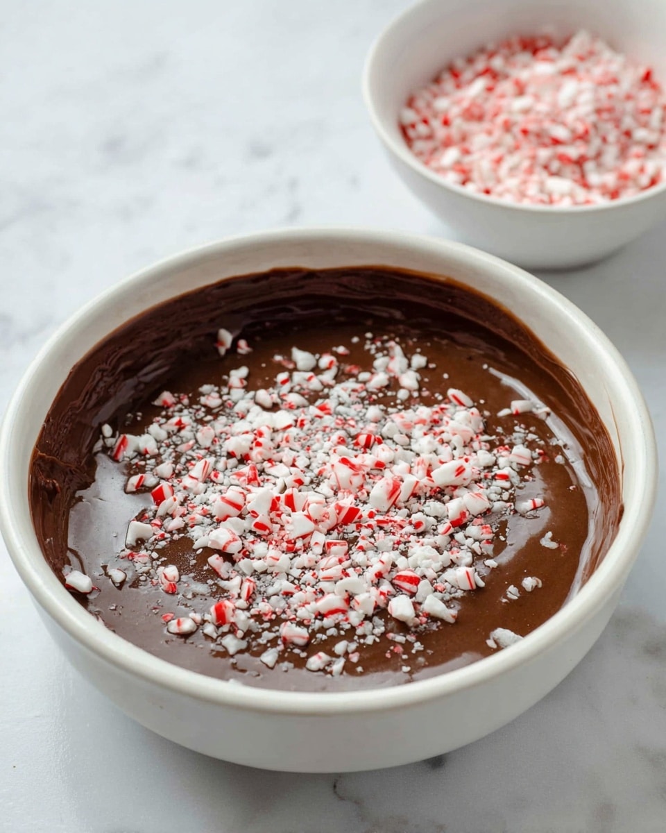 A white bowl filled with smooth, dark brown chocolate mixture, topped with a layer of small, crushed white and red peppermint pieces scattered all over. Behind the bowl, a small white ramekin holds more crushed peppermint bits. The scene is set on a white marbled surface, with some peppermint crumbs scattered around. Photo taken with an iphone --ar 4:5 --v 7