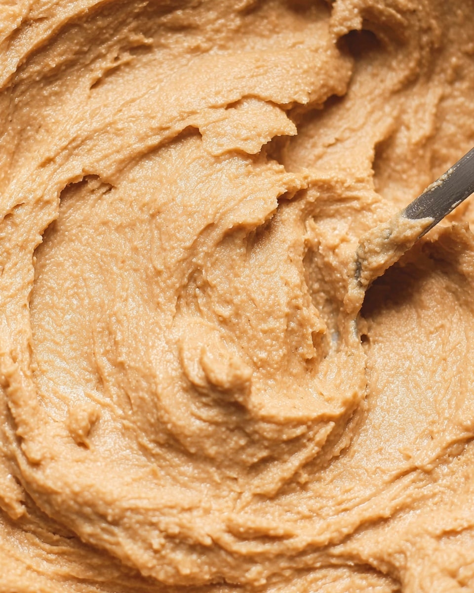 The image shows a thick, creamy, light brown mixture with a grainy texture that looks soft and smooth but slightly coarse. It fills the frame closely, with some swirls and small peaks visible, suggesting it has been stirred or blended. A metal spoon is partly dipped into the mixture, lifting some of it, and the background has a white marbled texture. photo taken with an iphone --ar 4:5 --v 7