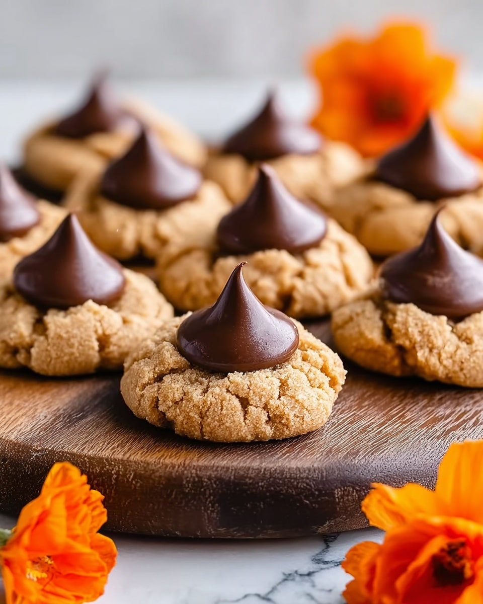 The image shows round cookies with a flower-like shape, each having two layers. The outer layer is a golden-brown, slightly rough textured cookie forming the petals of the flower. The inner layer is a shiny, smooth, round dollop of dark brown chocolate placed in the center of each cookie. The cookies lie on a white marbled surface with a soft natural light highlighting their texture. There is a green leaf and an orange flower on the right side of the image for decoration. photo taken with an iphone --ar 4:5 --v 7