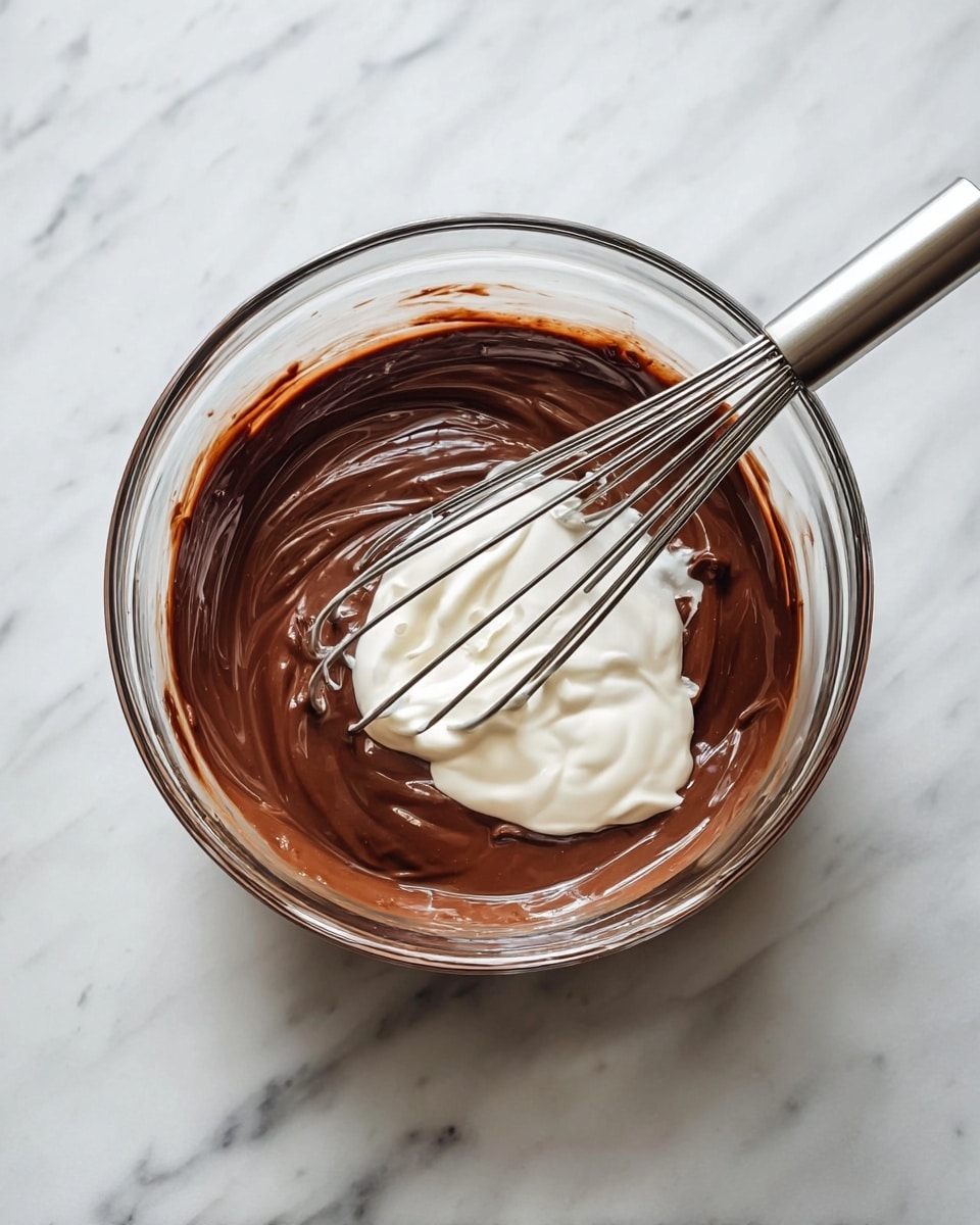 A clear glass bowl with thick, smooth, dark brown chocolate mixture covering the bottom and sides, with a small pool of white cream being mixed into the center by a silver whisk that rests inside the bowl. The bowl sits on a white marbled surface. photo taken with an iphone --ar 4:5 --v 7