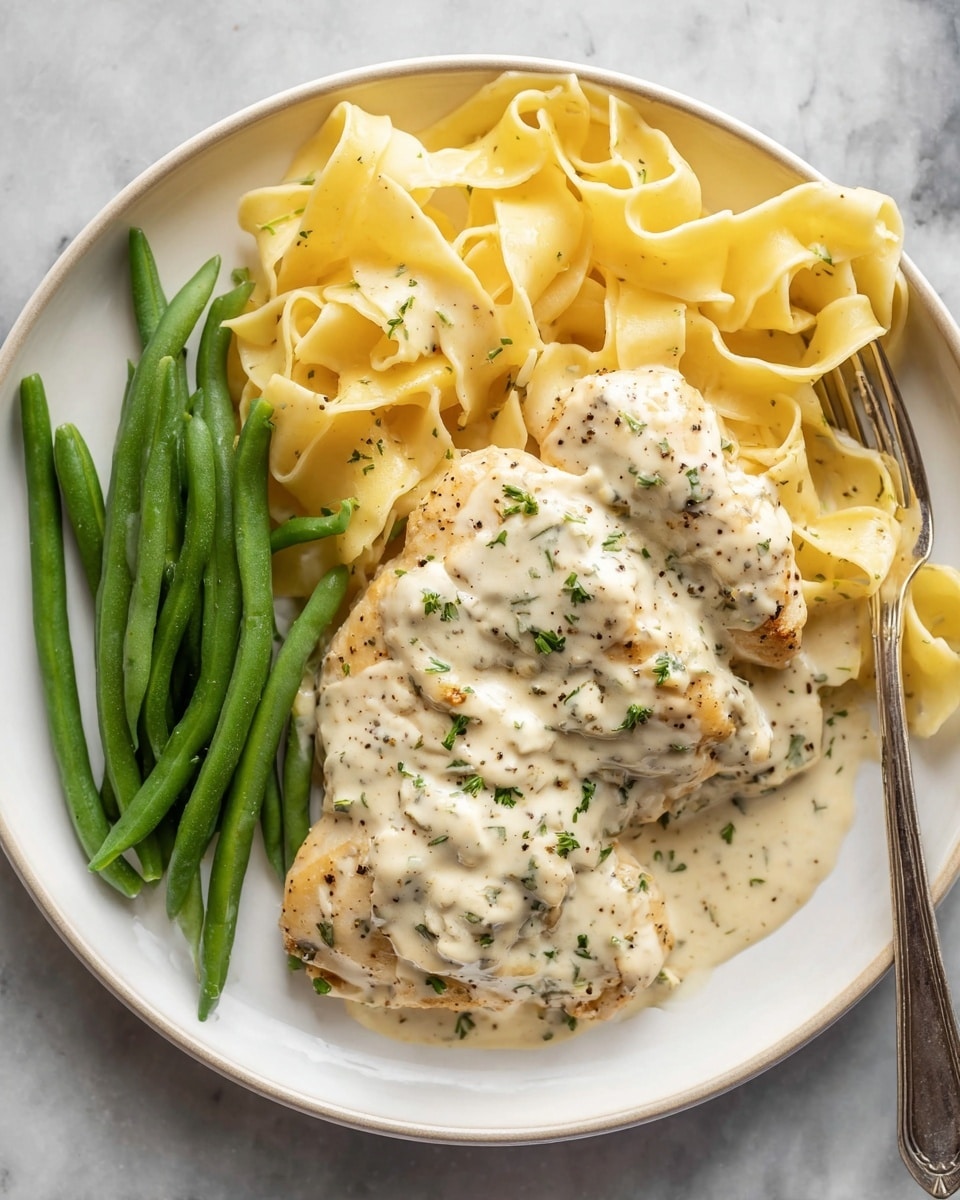 A white plate holds a simple meal with three main parts. On the left side, there is a bunch of bright green beans, smooth and shiny, lying side by side. Next to the green beans, extending across most of the plate, is a piece of cooked chicken topped with thick, creamy white sauce speckled with green herbs and black pepper. The chicken is light golden brown in some places, showing a slight sear under the sauce. Above the chicken and to the right, wide, thick yellow pasta noodles are layered loosely, also covered with the same creamy herb sauce that pools around and in between them. A silver fork rests at the top right edge of the plate, partially underneath the noodles. All of this sits on a white marbled surface. Photo taken with an iphone --ar 4:5 --v 7