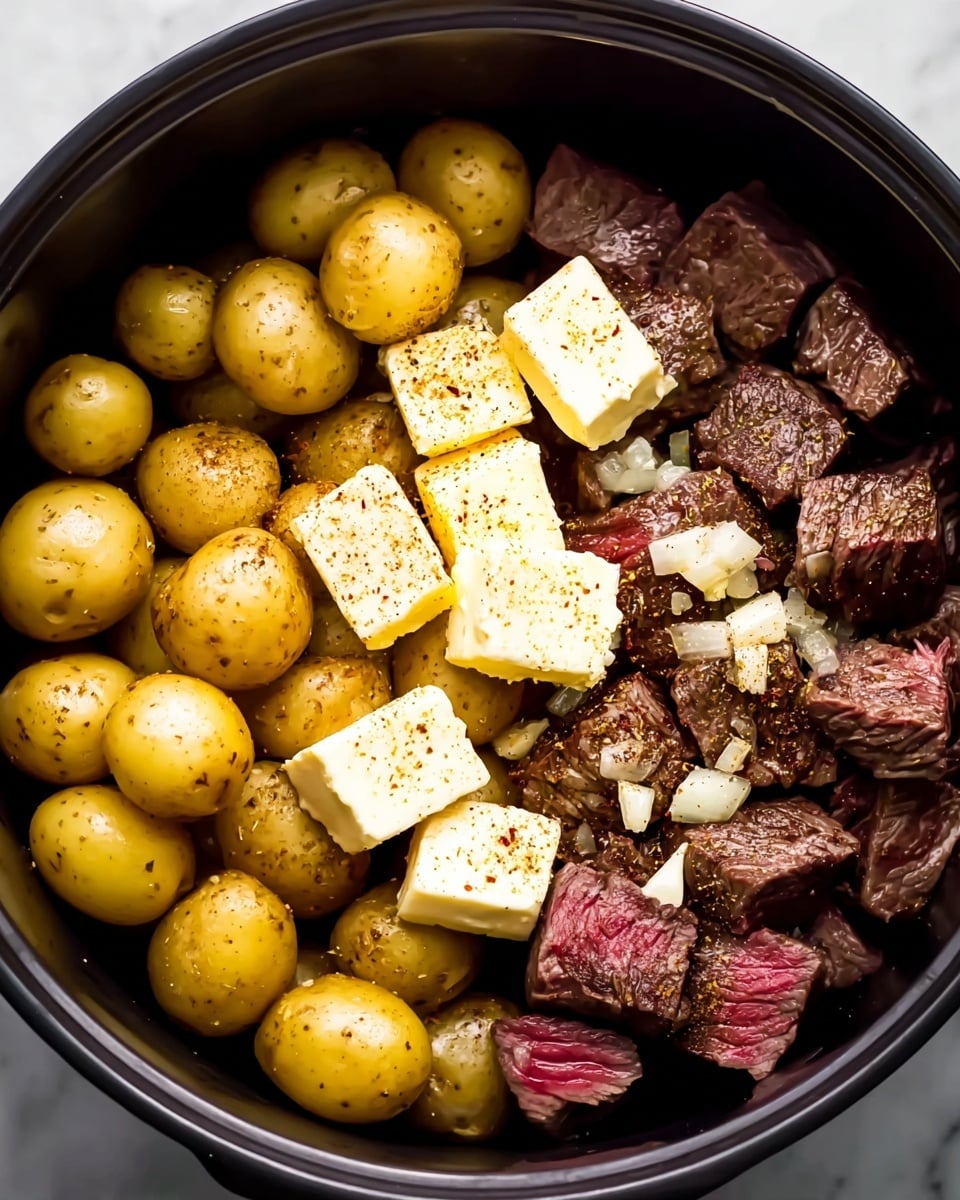 The image shows a close-up of a black cooking pot filled with small whole yellow potatoes arranged on the left side and dark brown seared chunks of beef stacked on the right side. On top of the beef, there are four pale yellow cubes of butter sprinkled with brown and yellow spices, and small pieces of chopped garlic scattered over the beef. The beef pieces have a mix of cooked dark brown and some raw pinkish-red areas. The entire scene is set against a white marbled background. Photo taken with an iphone --ar 4:5 --v 7