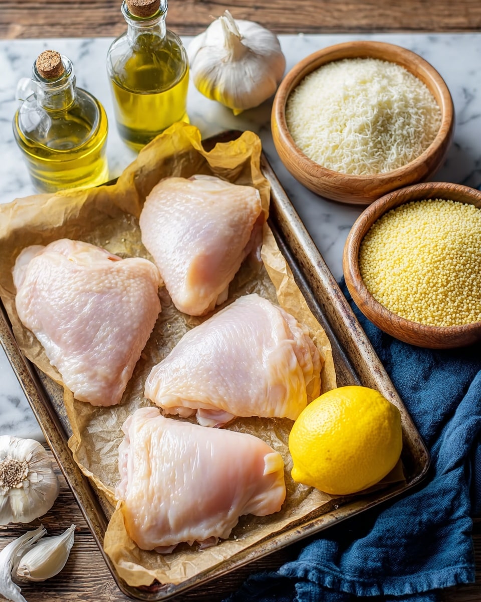 The image shows a baking tray lined with parchment paper holding four smooth, pale pink raw chicken thighs arranged in two rows, with a bright yellow lemon half placed at the bottom right corner on the tray. Around the tray on a wooden surface are whole garlic bulbs, two round glass bottles filled with olive oil, a whole lemon, a wooden bowl filled with white grated cheese, and another small wooden bowl filled with yellow couscous, all set next to a dark blue cloth. The background is changed to a white marbled texture. photo taken with an iphone --ar 4:5 --v 7