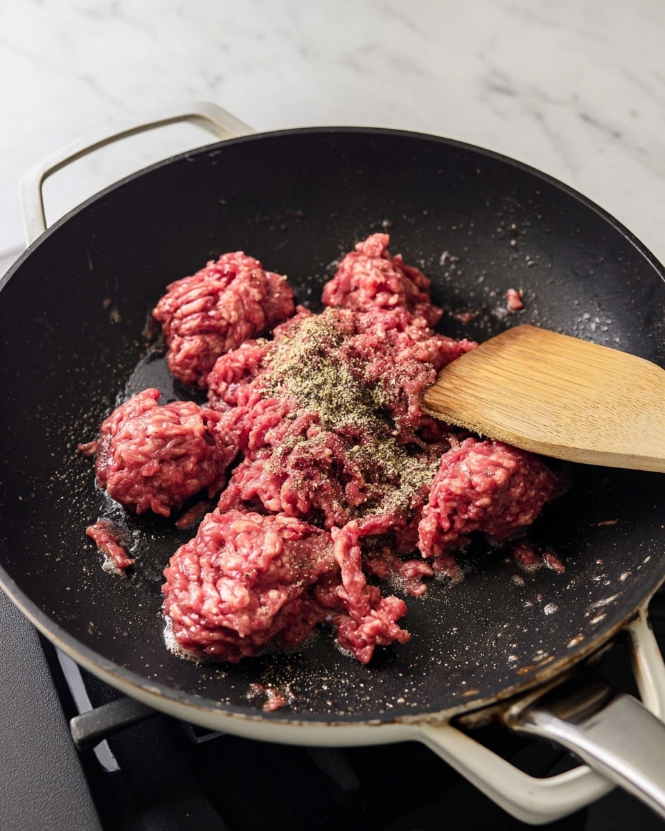 Raw ground meat is in the middle of a black pan with white handles, placed on a stove with a white marbled surface visible. The meat is separated into several small clumps, with some seasoning sprinkled on top, showing a mix of light brown, black, and beige specks. A wooden spatula is touching the meat from the right side. The raw meat has a bright pink and red color with some parts starting to brown slightly as they cook. Photo taken with an iphone --ar 4:5 --v 7