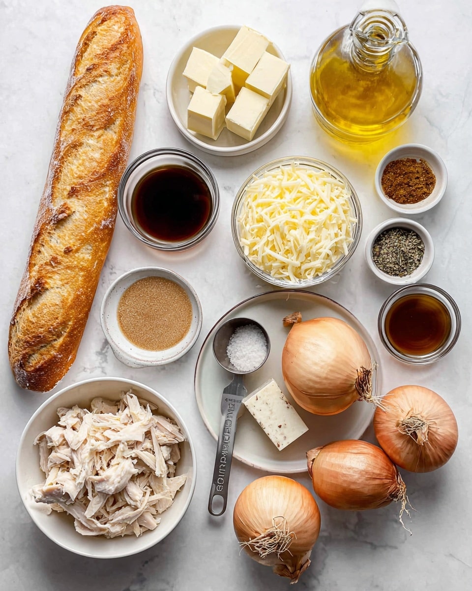 The image shows ingredients laid out on a white marbled surface, including a long crusty baguette with a golden brown crust on the left side. Near the bottom left, a white bowl holds shredded white chicken pieces. To the right of the bowl, there are three whole brown onions with papery skins. Above the onions, there is a metal measuring cup filled with shredded pale yellow cheese. Next to the shredded cheese is a small white plate with a square of butter. Above the butter, a small white dish contains brown sugar. To the left of the brown sugar is a glass bowl with dark soy sauce, and above that is a larger glass bowl of a darker brown liquid. Near the top left, a white bowl contains several cubes of cream-colored cheese or butter. A glass bottle with golden yellow oil is behind it. In the top center, a small glass bowl holds a dark liquid. Two small white ramekins on the top right hold black pepper and salt. Below them, a glass measuring cup contains light brown broth. A glass jar labeled