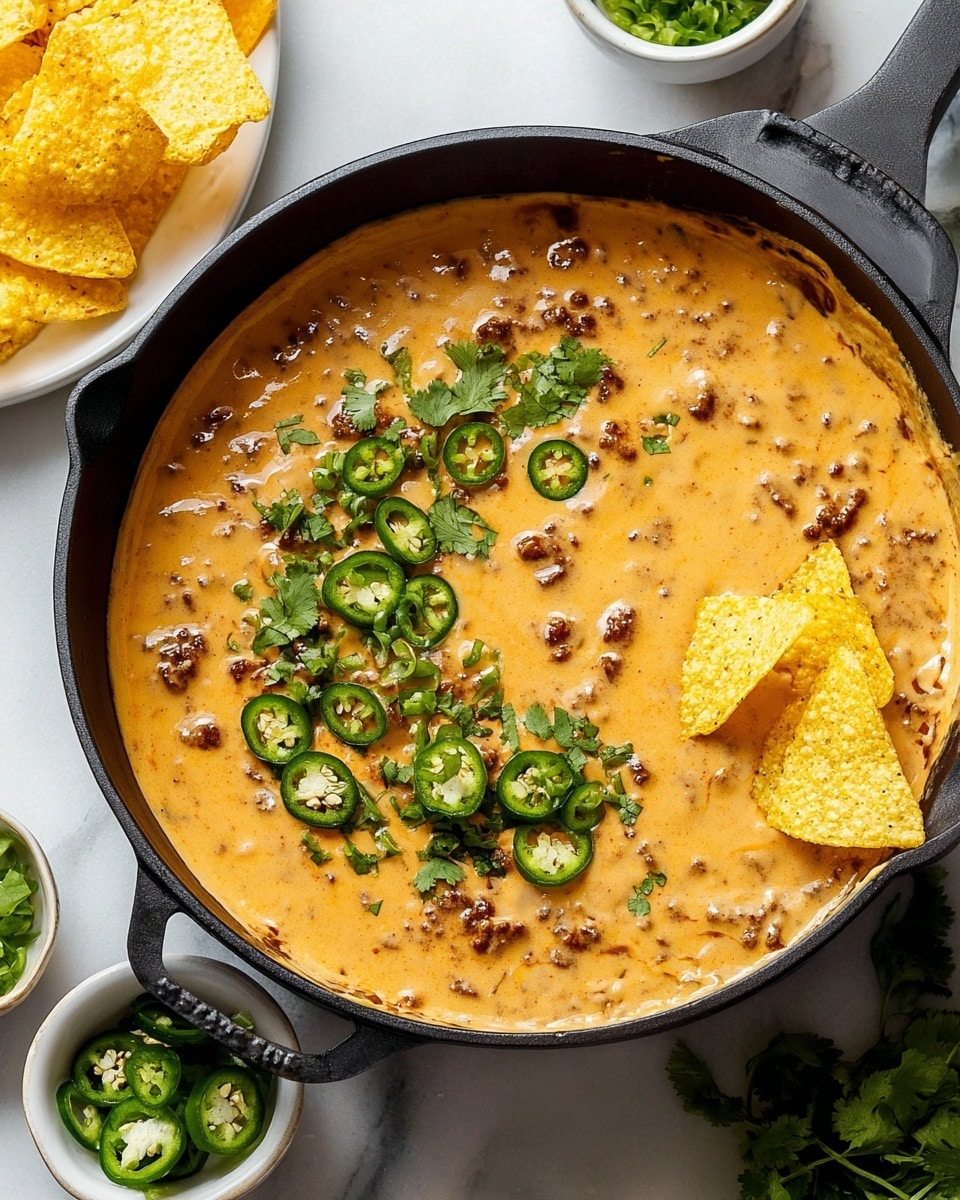 A black round cast iron pot filled with smooth, creamy orange cheese dip speckled with small bits of browned meat, topped with green slices of jalapeño, chopped green onions, and fresh cilantro leaves spread in the center, with three yellow tortilla chips placed on the right side inside the dip; a white marbled surface underneath holds a white plate with yellow tortilla chips in the top left, and small white bowls with fresh cilantro and jalapeños around the pot; the overall colors are warm orange, bright green, and yellow against black and white tones, photo taken with an iphone --ar 4:5 --v 7