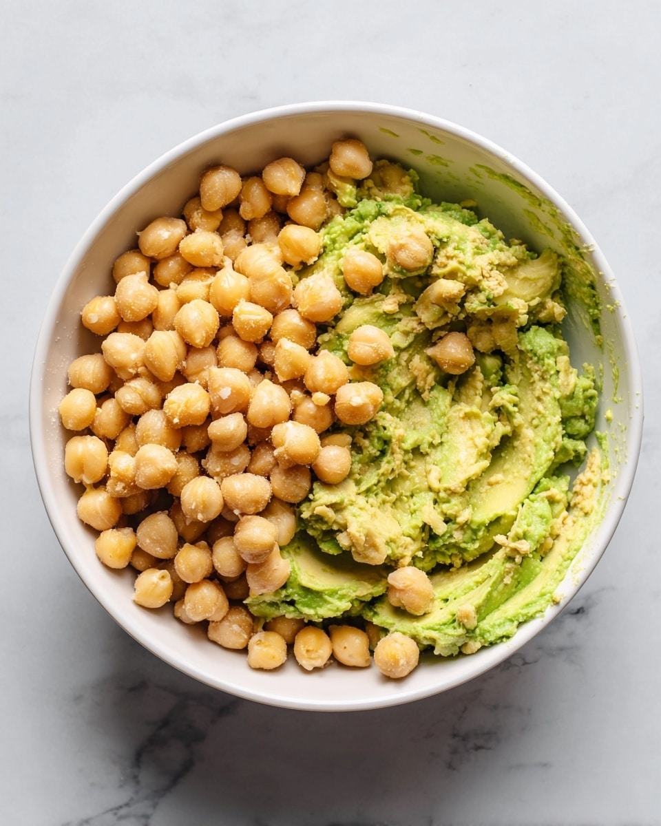 A white bowl holds two main layers: the bottom layer is mashed avocado with a bright green color and a creamy, slightly chunky texture spread unevenly across the right side and bottom of the bowl. On top, a layer of whole light tan chickpeas is scattered mostly over the avocado on the left and center of the bowl; some chickpeas are close to the edge of the bowl, and a few smaller broken pieces are mixed in. The background is a white marbled texture. photo taken with an iphone --ar 4:5 --v 7