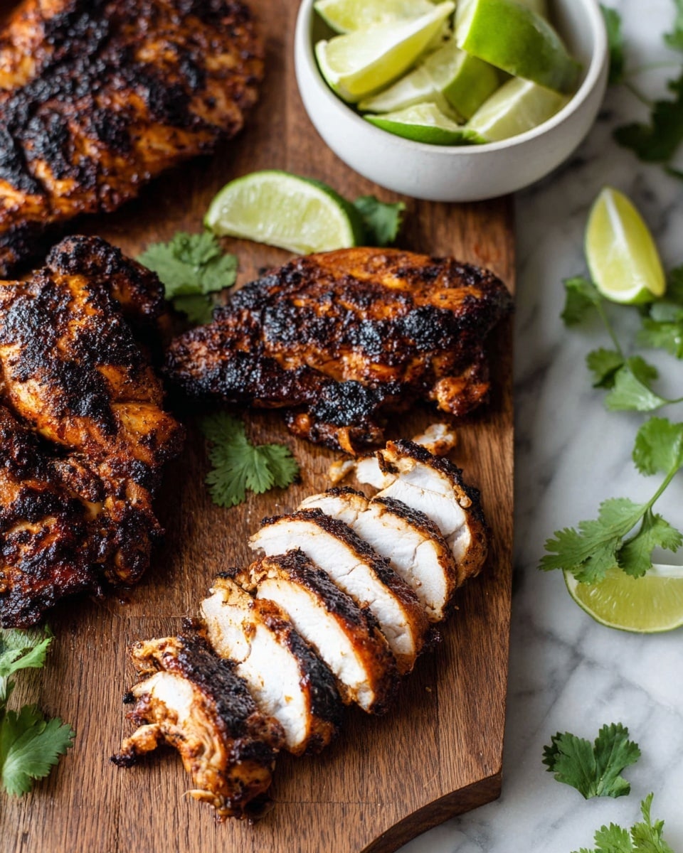 The image shows a wooden board with several pieces of grilled chicken, some whole and some sliced. The grilled chicken has a dark, charred crust with a mix of brown and black colors, and the sliced pieces reveal white, cooked meat inside. To the upper right of the board, there is a small white bowl filled with lime wedges, showing bright green skin and pale yellow insides. Scattered around the board and on the white marbled surface are fresh green cilantro leaves. photo taken with an iphone --ar 4:5 --v 7