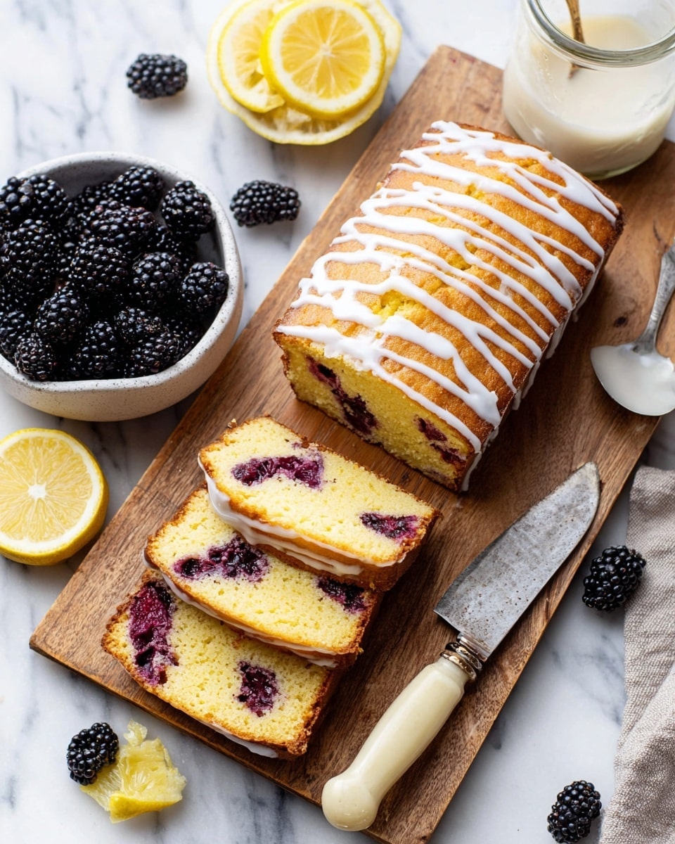 A rectangular lemon loaf cake with a golden brown crust and white icing drizzled on top sits on a wooden cutting board over a white marbled surface. The cake is partially sliced, showing its soft yellow interior filled with whole blackberries evenly spaced inside. Three slices lay in front of the main cake, revealing blackberry spots inside. To the side is a small white bowl full of shiny blackberries, next to three thin lemon slices. A glass jar with white icing and a spoon is nearby. A vintage knife with a beige handle is placed on the cutting board near the cake. A few blackberries and lemon slices are scattered around. Photo taken with an iphone --ar 4:5 --v 7