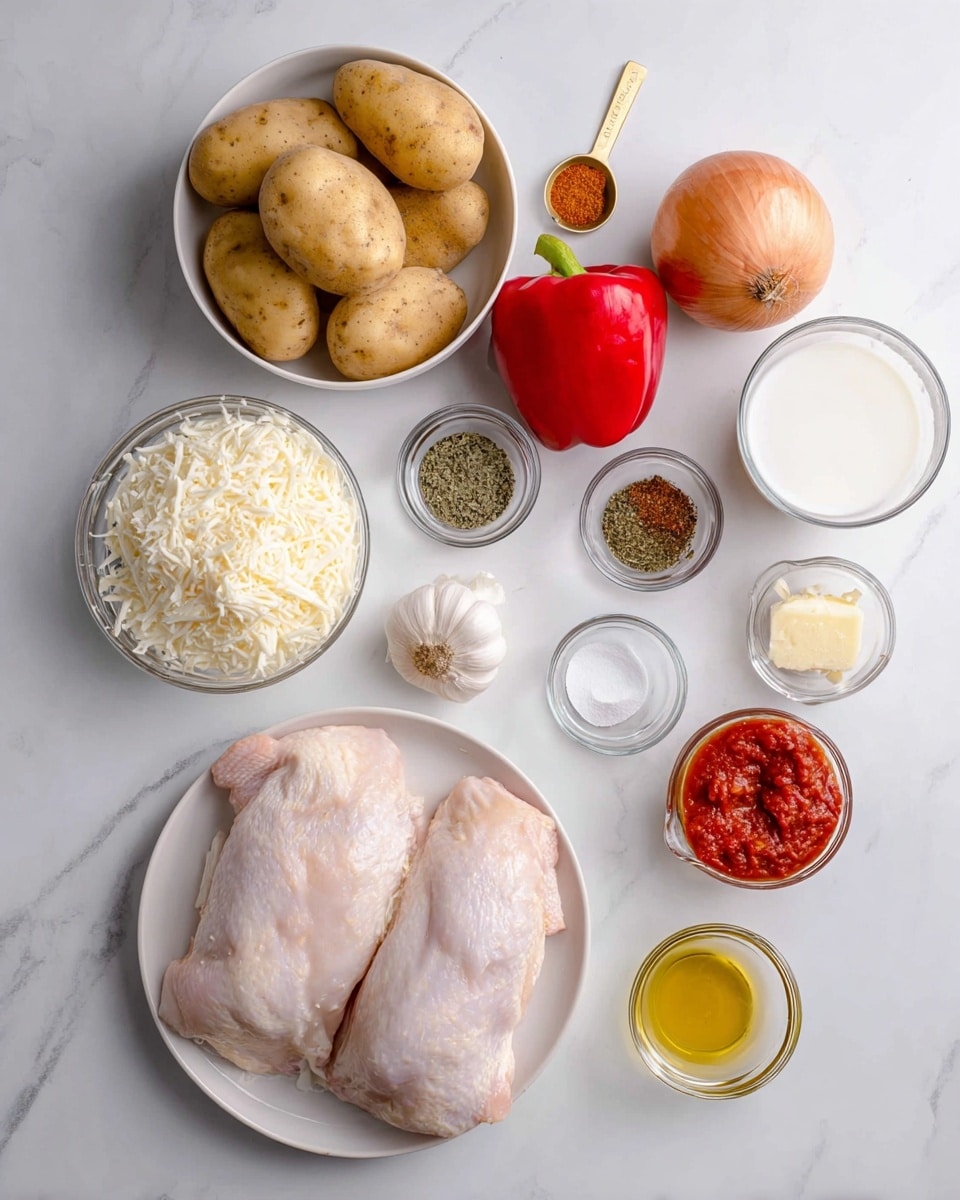 The image shows a white bowl in the lower right with two large raw chicken pieces, pale pink with smooth texture. To the lower left, there is a white bowl filled with shredded white cheese. Near the center left, a glass bowl holds five light-brown potatoes with a slightly rough texture. Scattered around the bowls are small clear glass containers with several ingredients: a small white bowl of grated cheese, two garlic cloves near a whole light brown onion, a bright red bell pepper, and small bowls of seasonings including mixed black pepper and salt, dried green herbs with orange-red powder, golden yellow olive oil, white milk, and a teaspoon-sized brass scoop holding red tomato paste. Everything is arranged on a white marbled surface. photo taken with an iphone --ar 4:5 --v 7