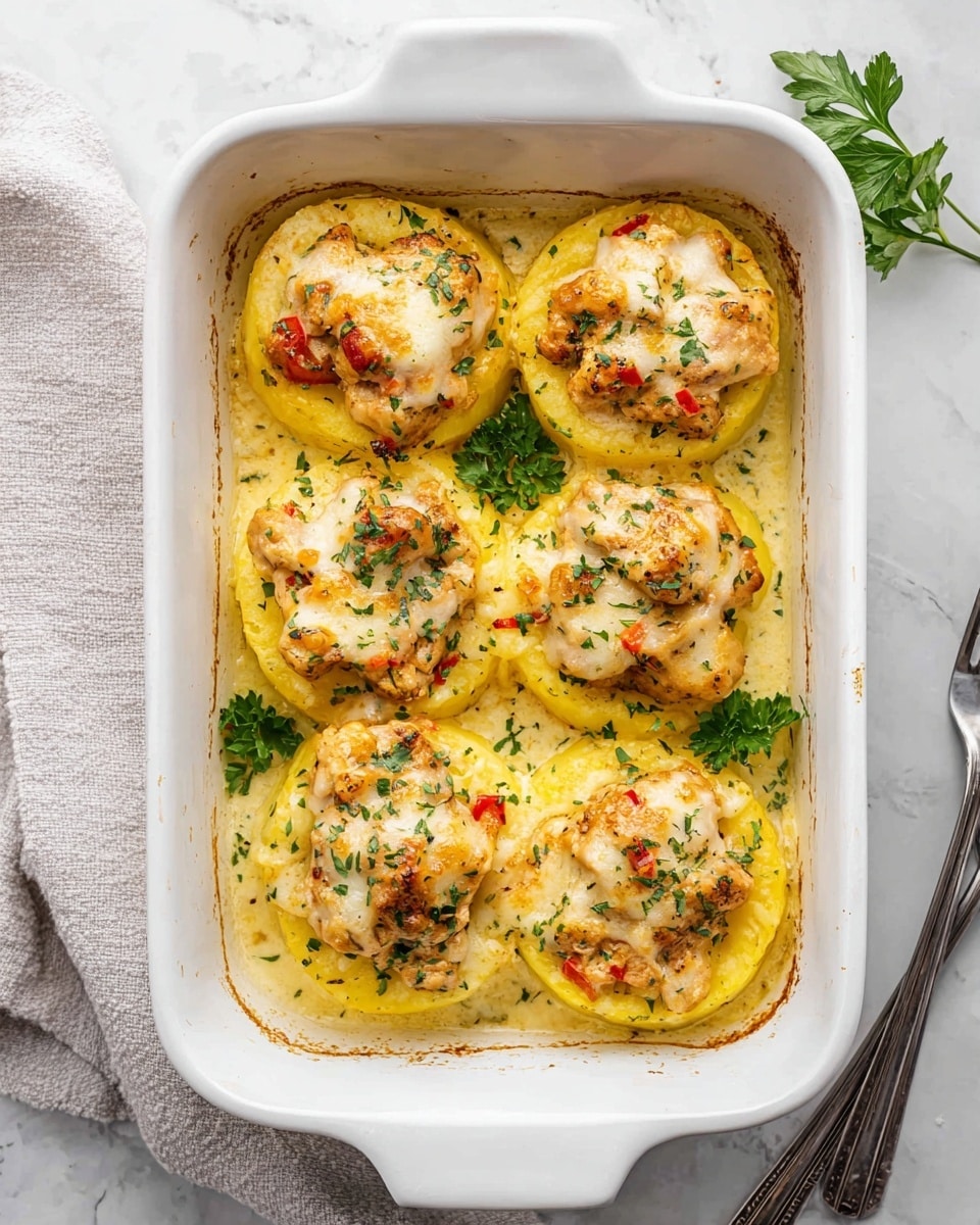 A white rectangular baking dish with six round yellow layers, each topped with chunks of browned, cooked chicken mixed with small red pepper pieces and a light layer of melted cheese that looks bubbly and soft. The yellow base looks creamy and smooth, with some green herb sprinkles all over the dish and fresh green parsley leaves placed between the layers. The dish sits on a white marbled surface with a light grey cloth on the left side and part of a silver fork visible on the right. Photo taken with an iphone --ar 4:5 --v 7