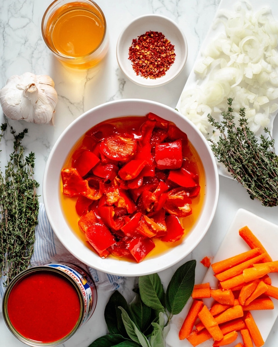 A white bowl filled with bright red roasted peppers soaked in orange oil, placed on a white marbled surface. To the top right, a white cutting board holds chopped white onions, bright orange carrot pieces, and whole carrot sticks. Above the peppers, a small white bowl contains red chili flakes. Surrounding the bowl are fresh green basil leaves, sprigs of thyme, a bulb of garlic, a glass container with light orange liquid, and an open can of red tomato sauce. The overall scene shows fresh ingredients neatly arranged for cooking. photo taken with an iphone --ar 4:5 --v 7