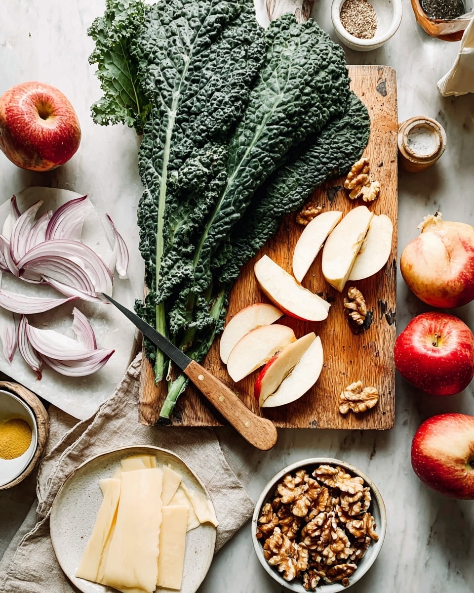 The image shows a wooden cutting board placed on a white marbled surface with three red apples on the right side. On the board, there are several thin apple slices spread in the center and top right. Below the apple slices, there is a large bunch of dark green, textured kale leaves laying across the lower half of the board. A knife with a wooden handle is positioned under the apple slices. Next to the board on the top left, there is a white plate holding thinly sliced pale purple onions. On the bottom left corner, a small white plate has thin, pale yellow cheese slices, with a cheese block and cheese knife nearby. On the right, a white bowl contains chopped walnuts, and surrounding the setup are small containers with mustard and seasoning. The whole scene is bright and fresh, with a natural, clean feel. photo taken with an iphone --ar 4:5 --v 7