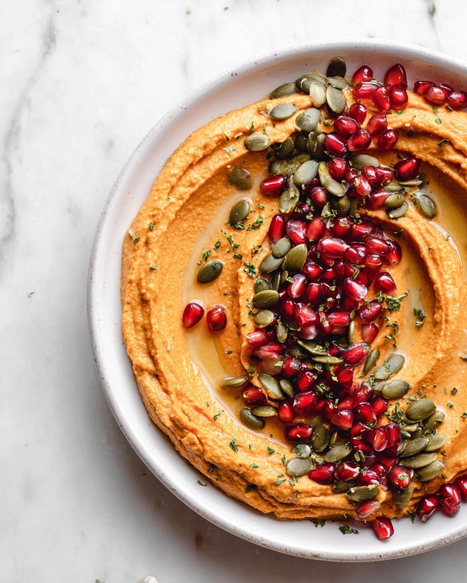 The dish is presented on a white plate with a smooth, creamy orange hummus spread thickly in a circular pattern, creating ridges and swirls in the middle. On top of the hummus, there is a generous layer of bright red pomegranate seeds mixed with matte green pumpkin seeds, mostly placed in a winding line that runs diagonally across the plate. Tiny scattered green herb flakes add texture and color contrast on the orange hummus. The plate sits on a white marbled surface, and there is slight shine from a drizzle of oil on the hummus, giving it a fresh look. Photo taken with an iphone --ar 4:5 --v 7