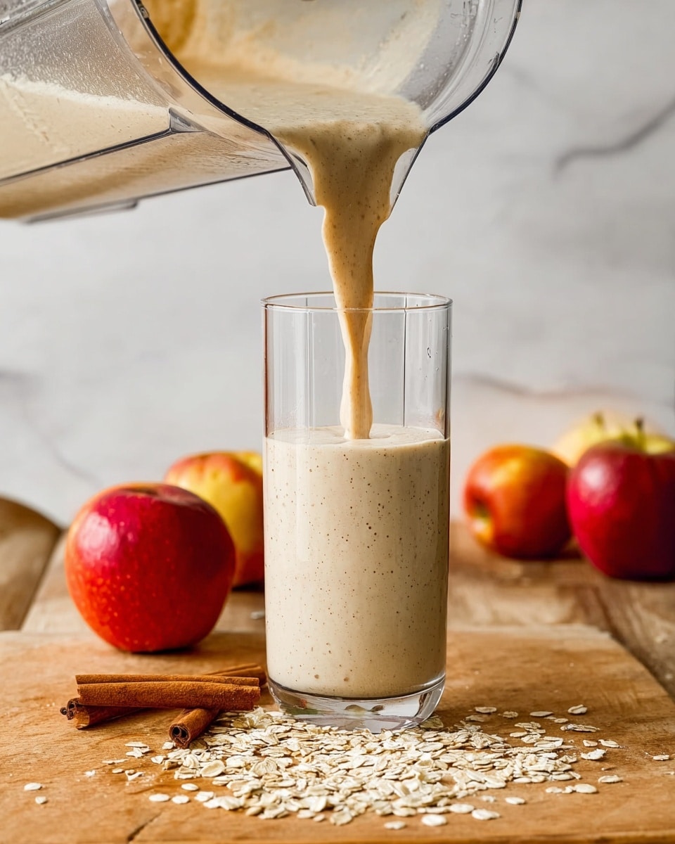 A transparent glass sits on a wooden table with a white marbled background. A creamy light beige smoothie with tiny dark specks is being poured from a clear blender container into the glass, filling the bottom layer. The table has scattered oats and two cinnamon sticks on the left side, with three red and yellow apples placed around the glass. Photo taken with an iphone --ar 4:5 --v 7