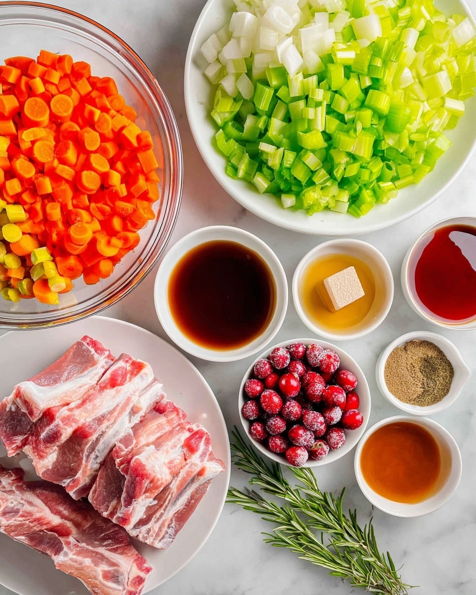 The image shows several ingredients arranged neatly on a white marbled surface, ready for cooking. In the middle is a clear glass bowl filled with four layers of diced vegetables: orange carrots at the bottom left, bright green celery to the right of the carrots, white onions on the top left, and a smaller amount of light green celery pieces above the carrots. To the right of the bowl is a white plate stacked with three pieces of raw pork ribs, pink with white fat layers. Below the ribs is a small clear bowl filled with frosted red cranberries. Surrounding these main items are several small white bowls holding different liquids and seasonings: a deep reddish liquid, a honey-like yellow syrup, a dark soy-like sauce, a small pile of mustard in a bowl, a cube of brown seasoning, and a mix of dry spices including black pepper and garlic powder. There are also fresh green rosemary sprigs placed near the bottom center. Photo taken with an iphone --ar 4:5 --v 7