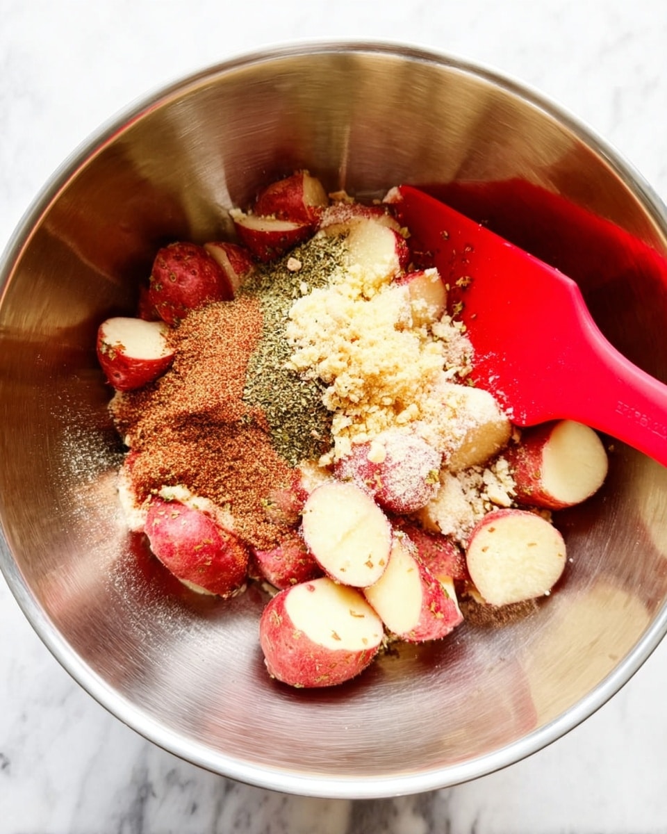 Inside a metal mixing bowl are several small red potato pieces cut in halves and quarters, showing white inner flesh. On top of the potatoes are three distinct layers of seasonings: a brown powdery layer lightly dusted with green herb flakes, a fine white granular pile, and a small uneven heap of minced light yellow garlic. A bright red spatula rests against the edge of the bowl. The bowl sits on a white marbled surface. Photo taken with an iphone --ar 4:5 --v 7