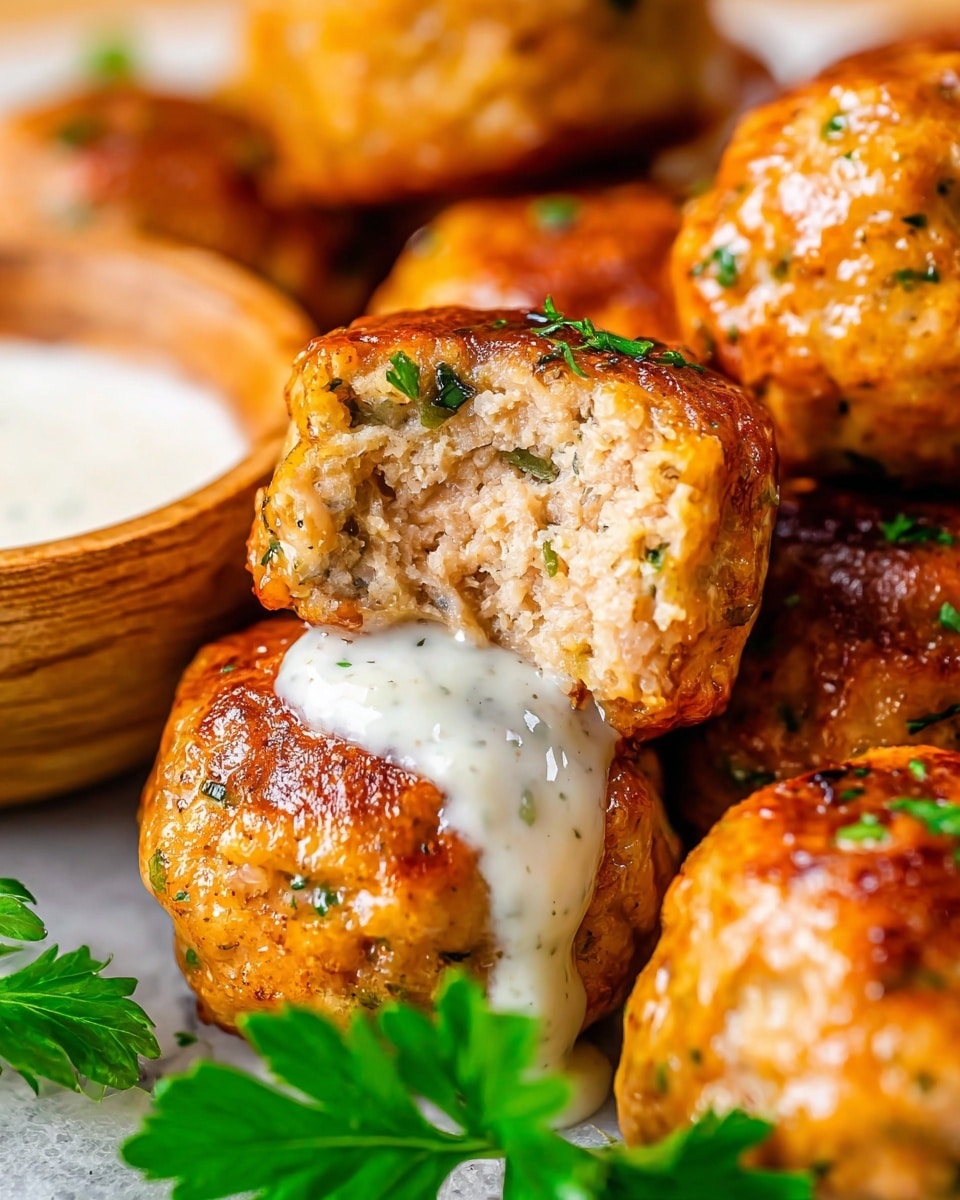 The image shows a close-up of several golden brown meatballs with a shiny, slightly crispy surface speckled with green herbs. One meatball is in the center, bitten in half to reveal a light, crumbly, and moist inside texture flecked with small bits of herbs. A creamy white sauce drips down the side of the bitten meatball. The meatballs rest on a white marbled surface with bright green parsley sprigs in the foreground, adding a fresh touch. To the left, part of a wooden bowl filled with extra white dipping sauce is visible. Photo taken with an iphone --ar 4:5 --v 7